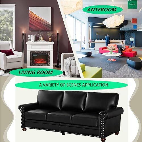 Miniatura 6 de Sofá moderno de 3 plazas de piel sintética de mediados de siglo con almacenamiento y brazos enrollados, acento de ribete de clavos, cómodo sofá para