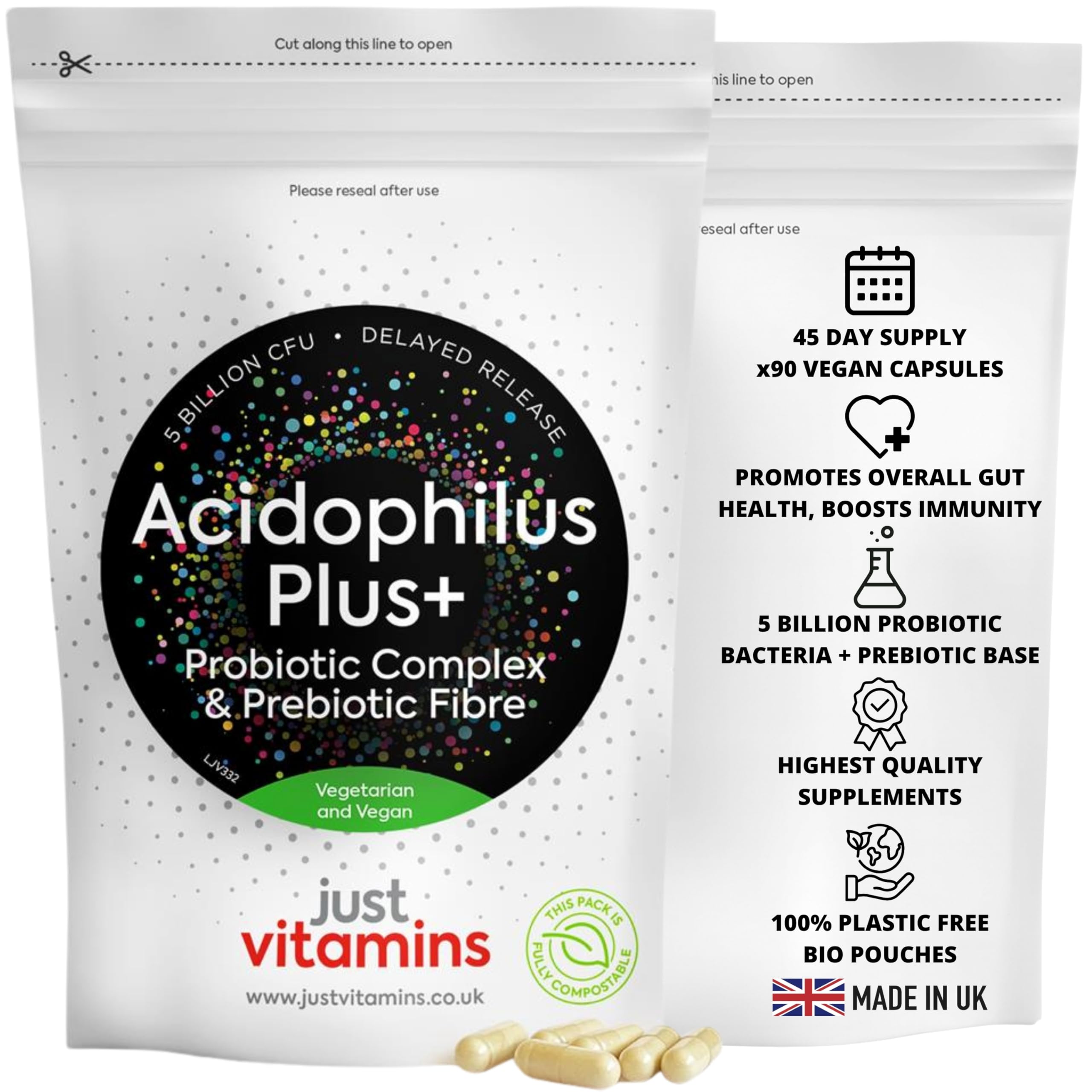 Acidophilus Plus Pre & Probiotic Complex | 5 Billion Non-Dairy CFU | 90 Vegan Capsules | High Strength Digestive & Gut Support Supplement | UK Made - Just Vitamins