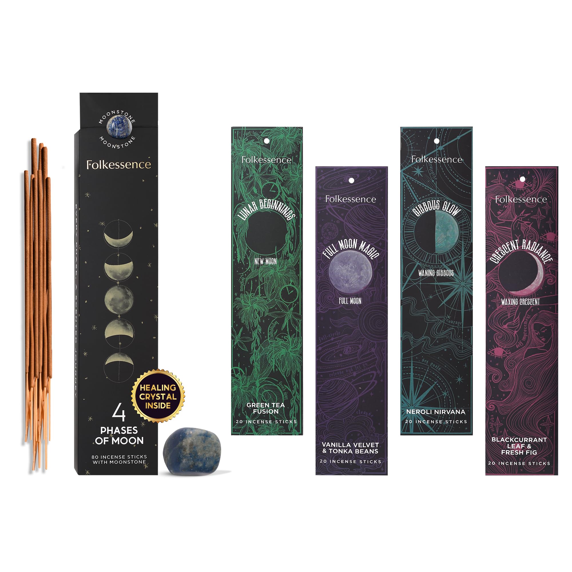 Folkulture Incense Sticks | Set of 4 Insenses (80 Insence-Sticks) with Stone | Lavender Chamomile, Pine, White Tea & Lily Inciensos, Slow Burning Inscents-Sticks | Housewarming Gifts for Her