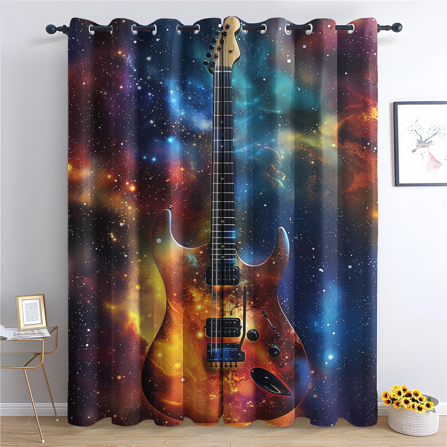 Electric Guitar Galaxy Patterned Blackout Curtains for Bedroom, Living Room Decor, Room Darkening Thermal Insulated Grommet Drapes, Rock and Roll Window Treatments, 84 Inch Curtains 2 Panel Set