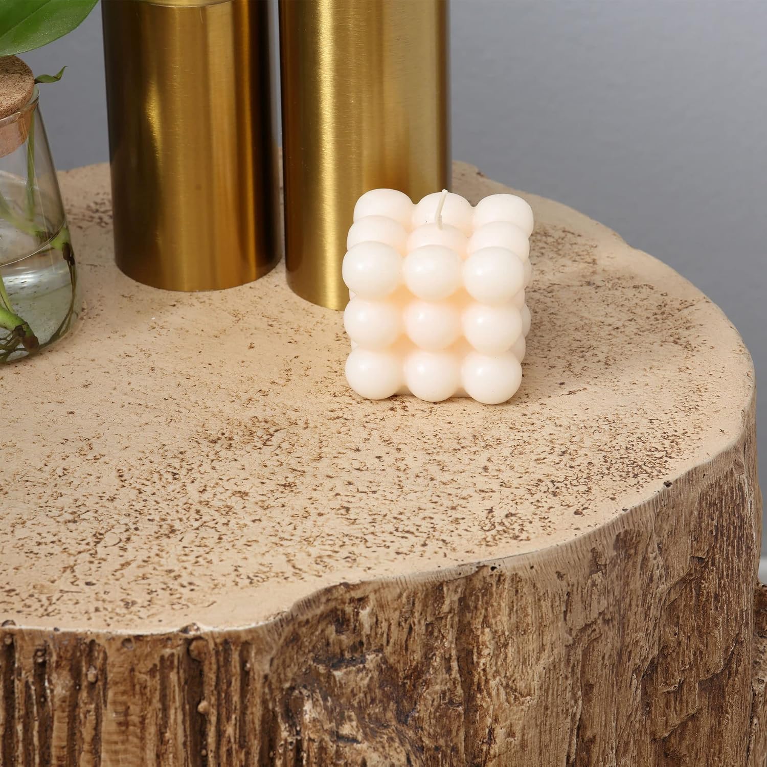 HOMCOM Tree Stump Stool, Decorative Side Table with Round Tabletop, Concrete End Table with Wood Grain Finish, for Indoors and Outdoors, Set of 2, Natural