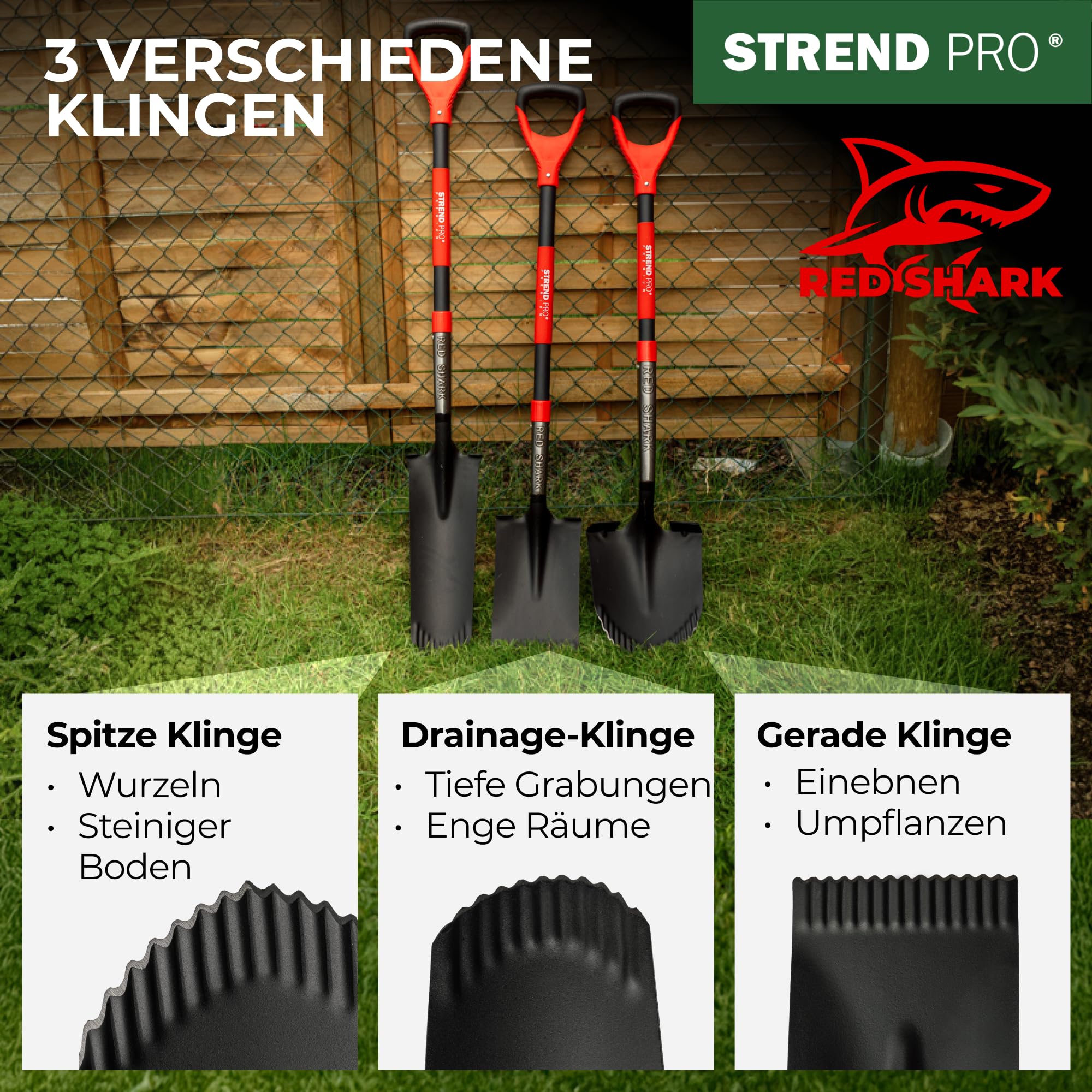 STREND PRO Spaten | Premium RedShark Gärtnerspaten | Drainagespaten mit Fiberglasstiel | D Spatenstiel | Schmal Spaten für Garten mit Stabiler Stahlkopf |für Harte, steinige Böden| Wurzelspaten