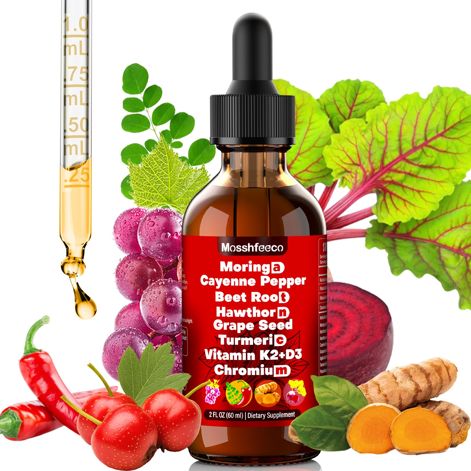 MOSSHFEECO Suplemento Fitoterápico em Gotas de Pimenta-Caiena com Moringa, Canela-do-Ceilão, Beterraba, Fruto de Espinheiro-Alvar, Cúrcuma, Semente de Uva, L-Arginina, Vitaminas D3 e K2 60 mL