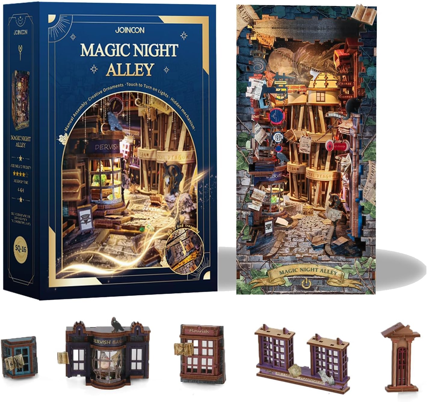 Magic Book Nook Kit - DIY Miniature Dollhouse Kit for Adults Teens,3D Wooden Puzzle Bookshelf Insert Decor,Gifts for Family Friends -Magic Night Alley(SQ-16)