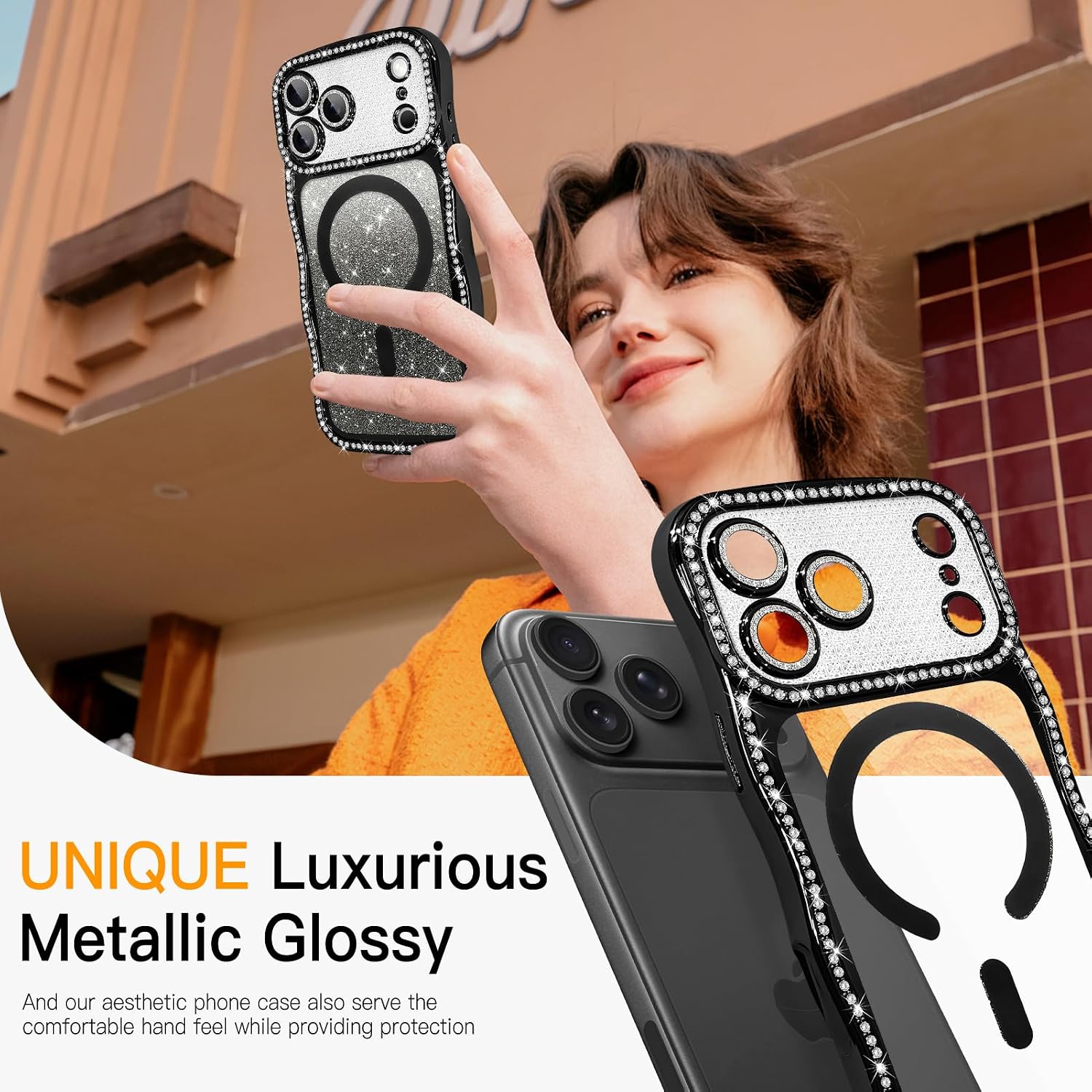 tharlet Magnetic for iPhone 17 Pro Max Case Black Curly Wave Edge Diamond image 2