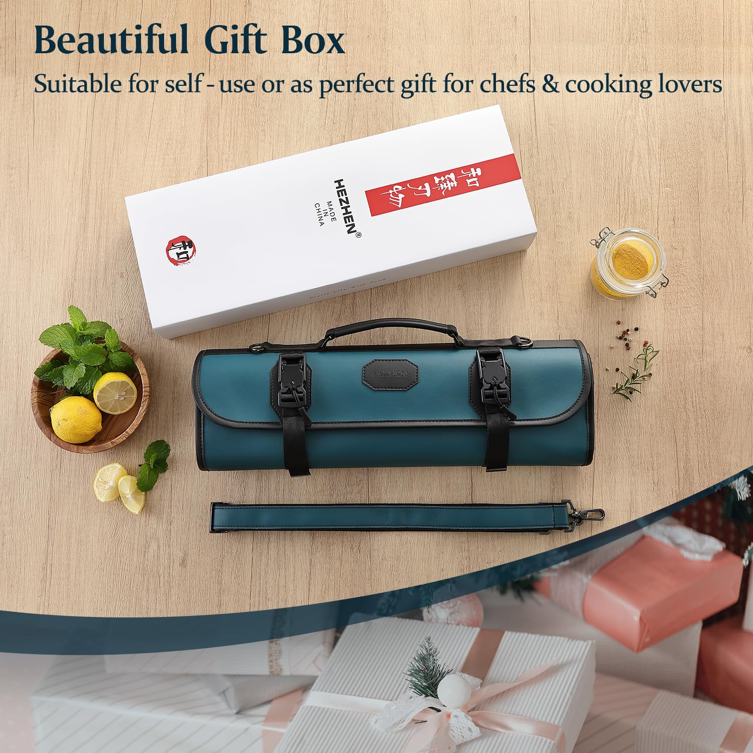 HEZHEN Bolsa para Cuchillos Profesional de Cuero(Sin Cuchillo)-Verde | Microfibra de Cuero,Correa Ajustable,9 Ranuras & 5 Bolsillos con Cremallera,Solapa Protectora-Viaje y Almacenaje