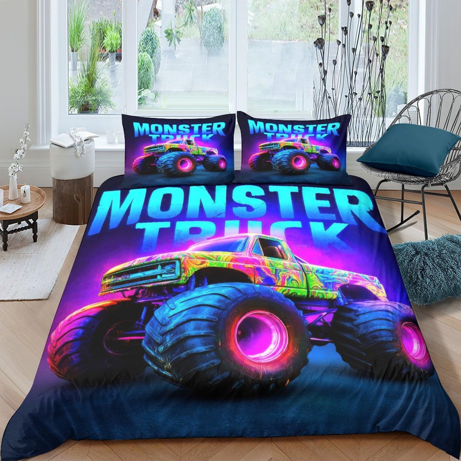 Ctjqhvkz Style-3 3D Printed Neon Monster Truck Fitted Sheet Microfiber Vibrant Graphic Bed Cover For Bedroom Dorm Mattress Protection Decor Single（135X200cm）