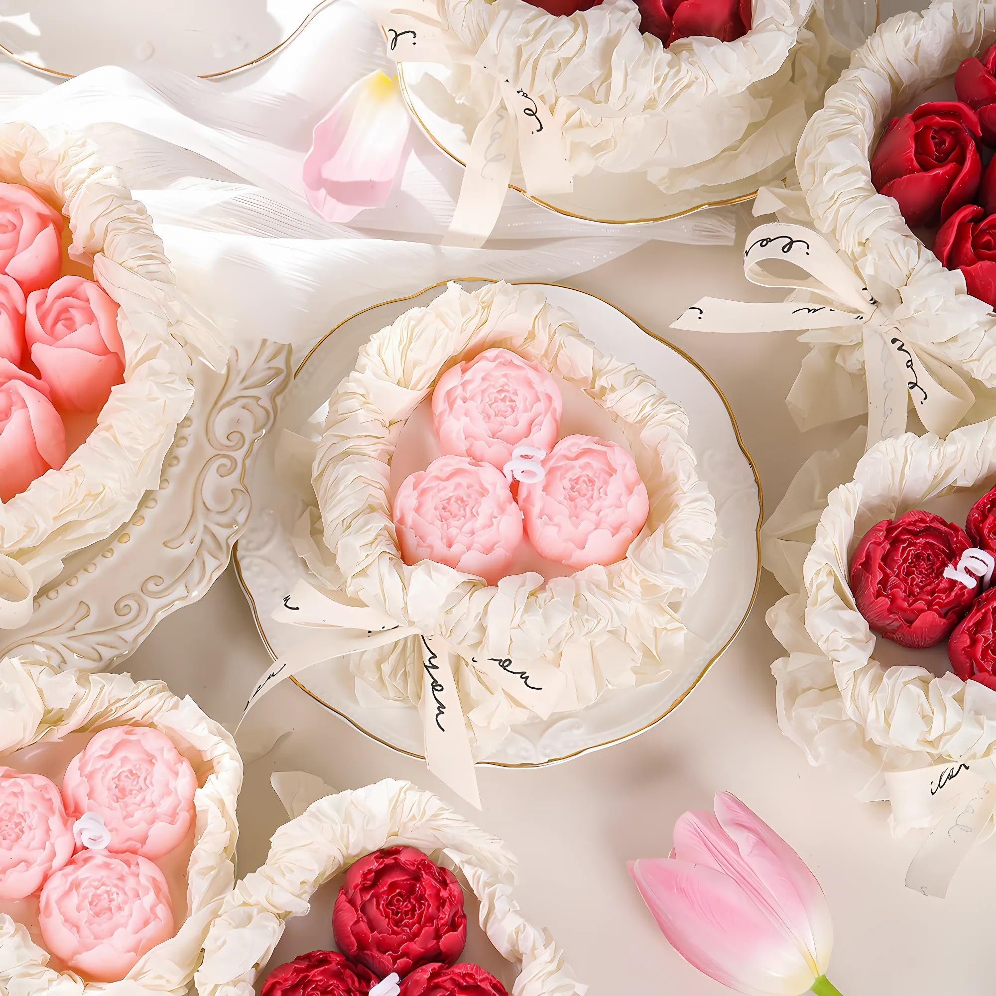 Handmade Floral Bouquet Candle, Scented Peony & Rose Shape, Gift for Women, Home Décor, Aromatherapy, Small (2.8"x2.4", 3 Flowers) & Large (3.6"x3", 5 Flowers) – Pink & Rose Red (Pink, Large)