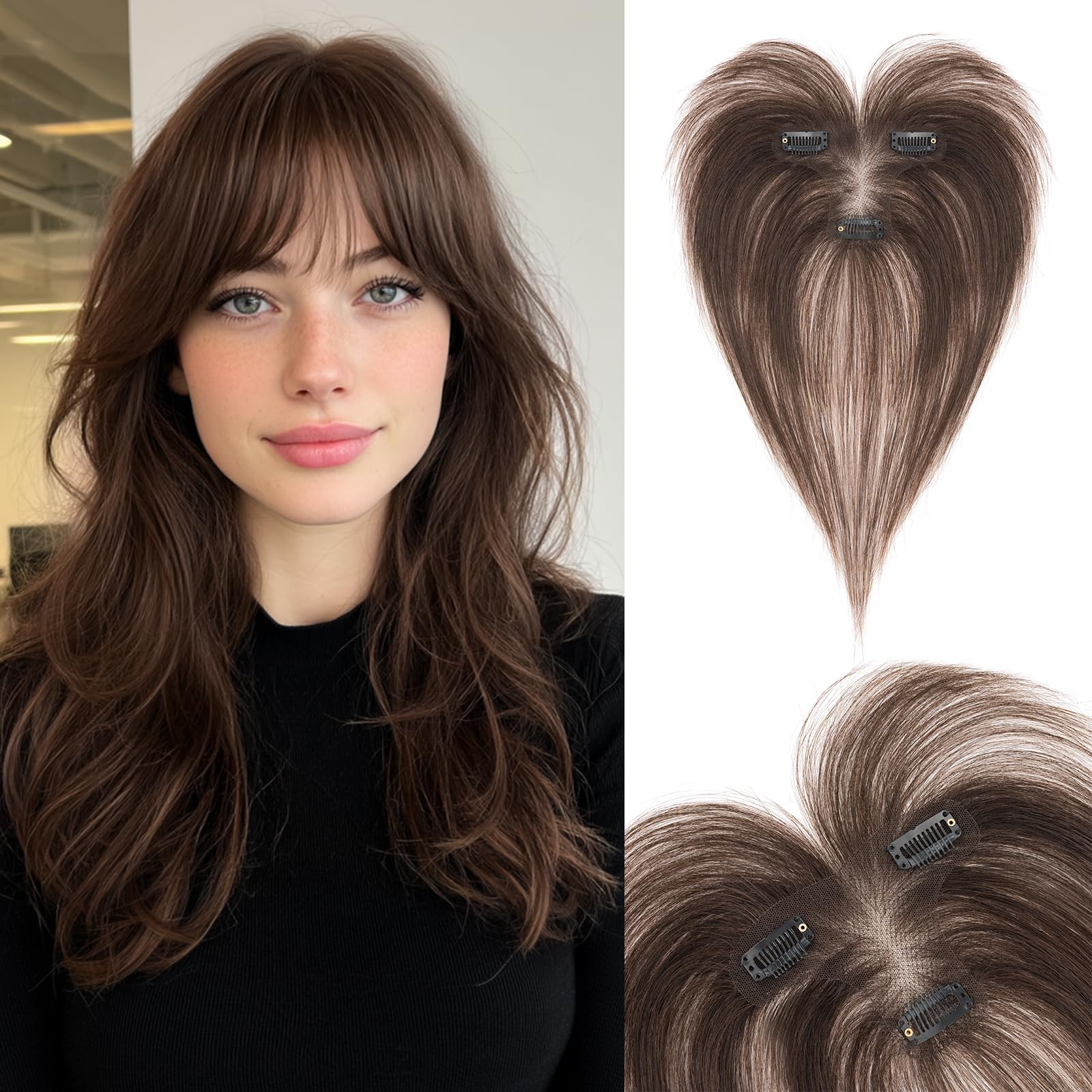 Photo 1 of SLEEKALON Human Hair Toppers for Women Real Human Hair with Air Bangs Thin Light Weight T-Shape Lace Base Clip in Hairpieces 11 Inch Dark Brown