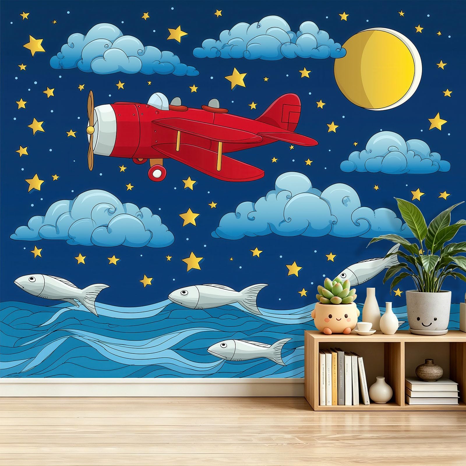 Fototapeta z włókniny, pojazdy, 400 x 280 cm, fantazyjna kreskówka, czerwona, dwupłatowa, tapeta do pokoju dziecięcego, pokoju zabaw - tapeta na flizelinie tapeta ścienna, efekt 3D