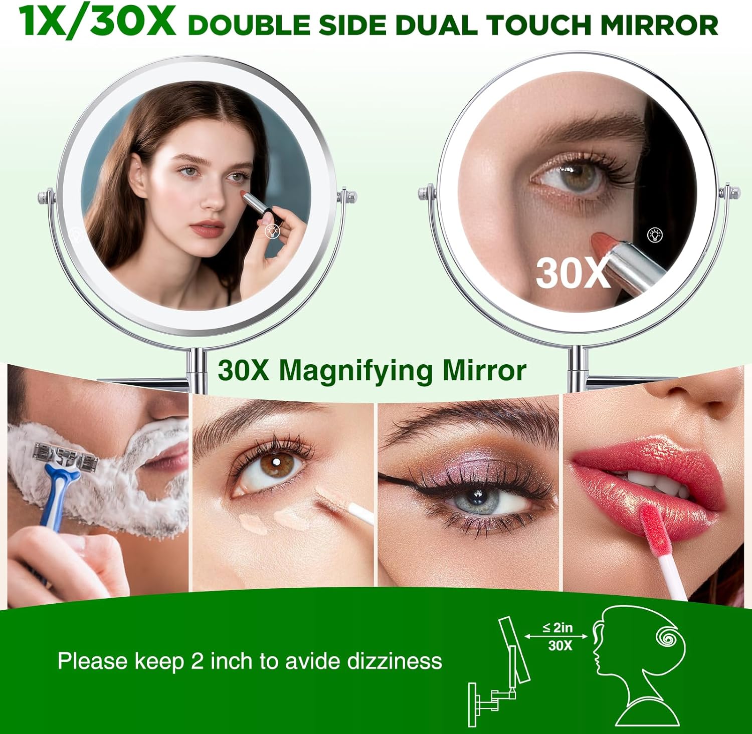 30X Wall Mounted Makeup Mirror, 3 Color Modes & Adjustable Light, Bathroom Vanity Makeup Mirror with 360 Rotation Extendable Swivel Arm,Double Side Magnifying Mirror - Chrome