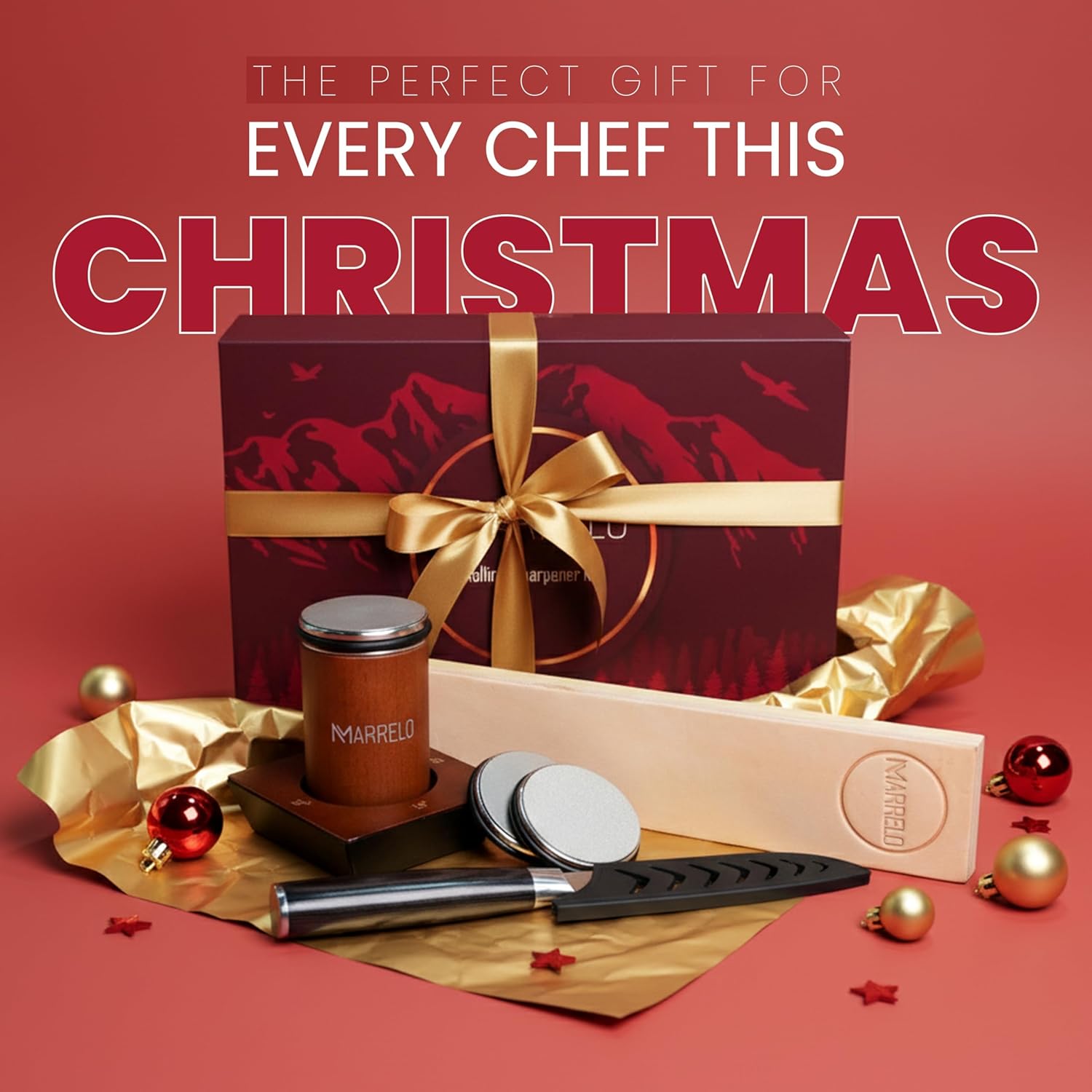 6 Piece Rolling Knife Sharpener Kit with Kitchen Knife - Magnetic Roller Sharpener with 4 Angle Base, 2 extra Diamond Discs and Dual Sided Leather Strop for Razor Sharp Knives