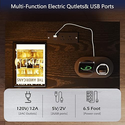 Miniatura 6 de Mesita de noche negra con estación de carga, moderna mesita de noche con luces LED, mesa auxiliar con 2 cajones para dormitorio, sala de estar