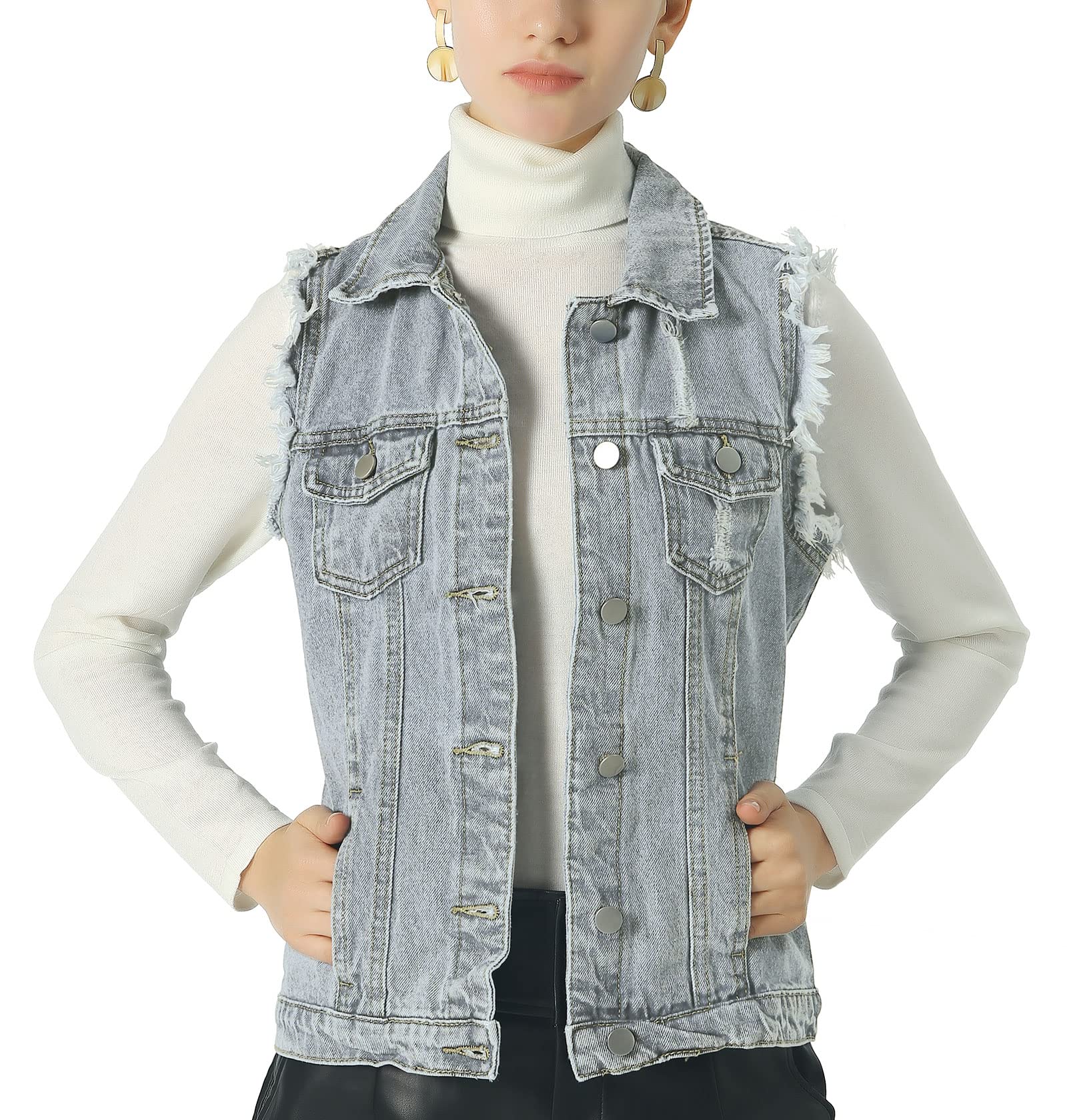 ebossy Women's Candy Color Slim Fit Sleeveless Distressed Denim Jean Vest Jacket