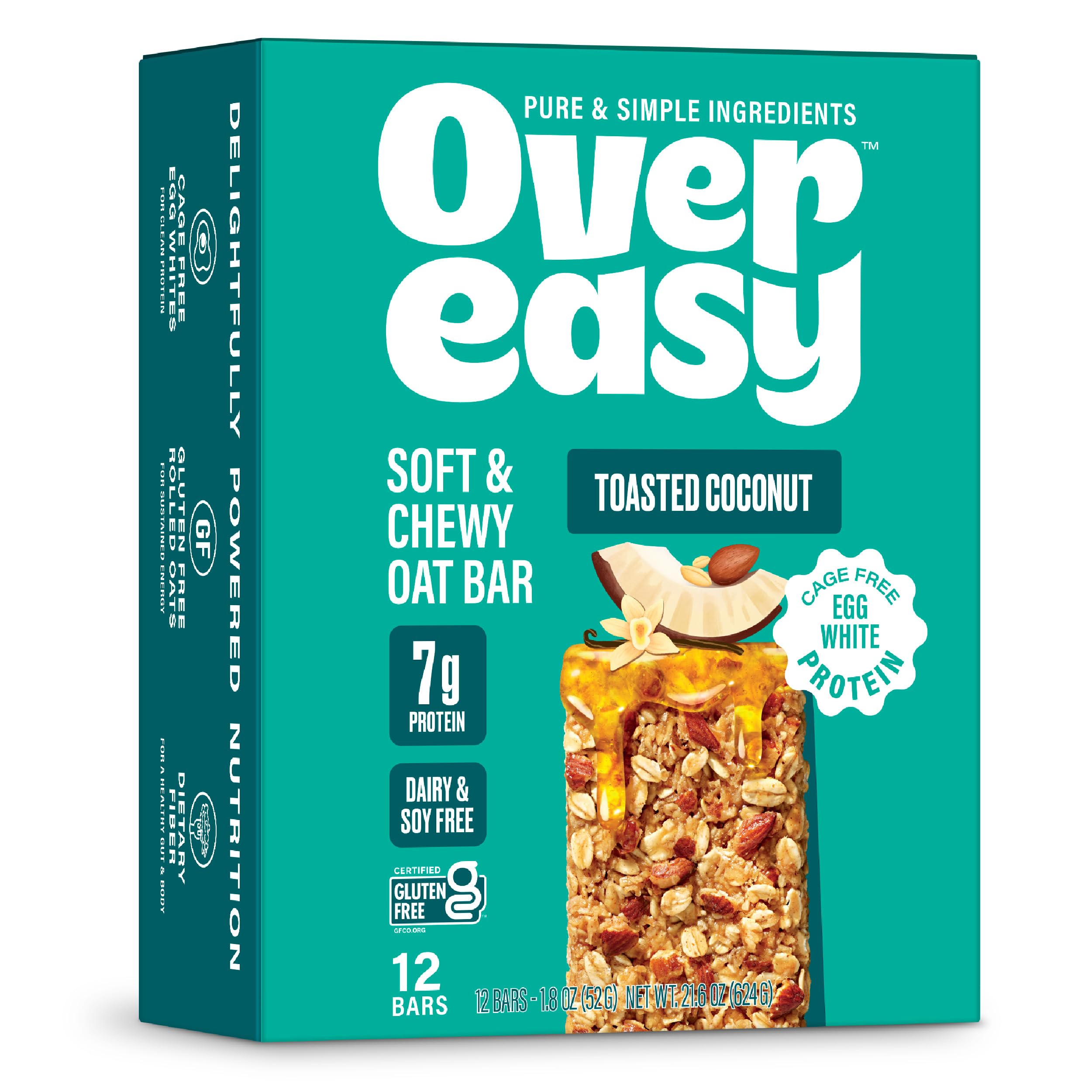Over Easy Toasted Coconut Soft and Chewy Oatmeal Breakfast Bars - Granola and Protein Bars - 12 Energy Snack Bars - Clean, Gluten Free, Dairy Free,