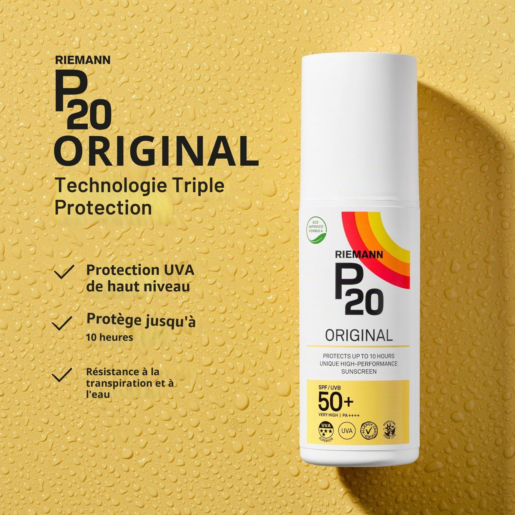 RIEMANN P20 Original SPF50+ Spray 200 ml, haute protection solaire UVA, triple protection, résistant à l’eau et à la transpiration, protège jusqu’à 10 h