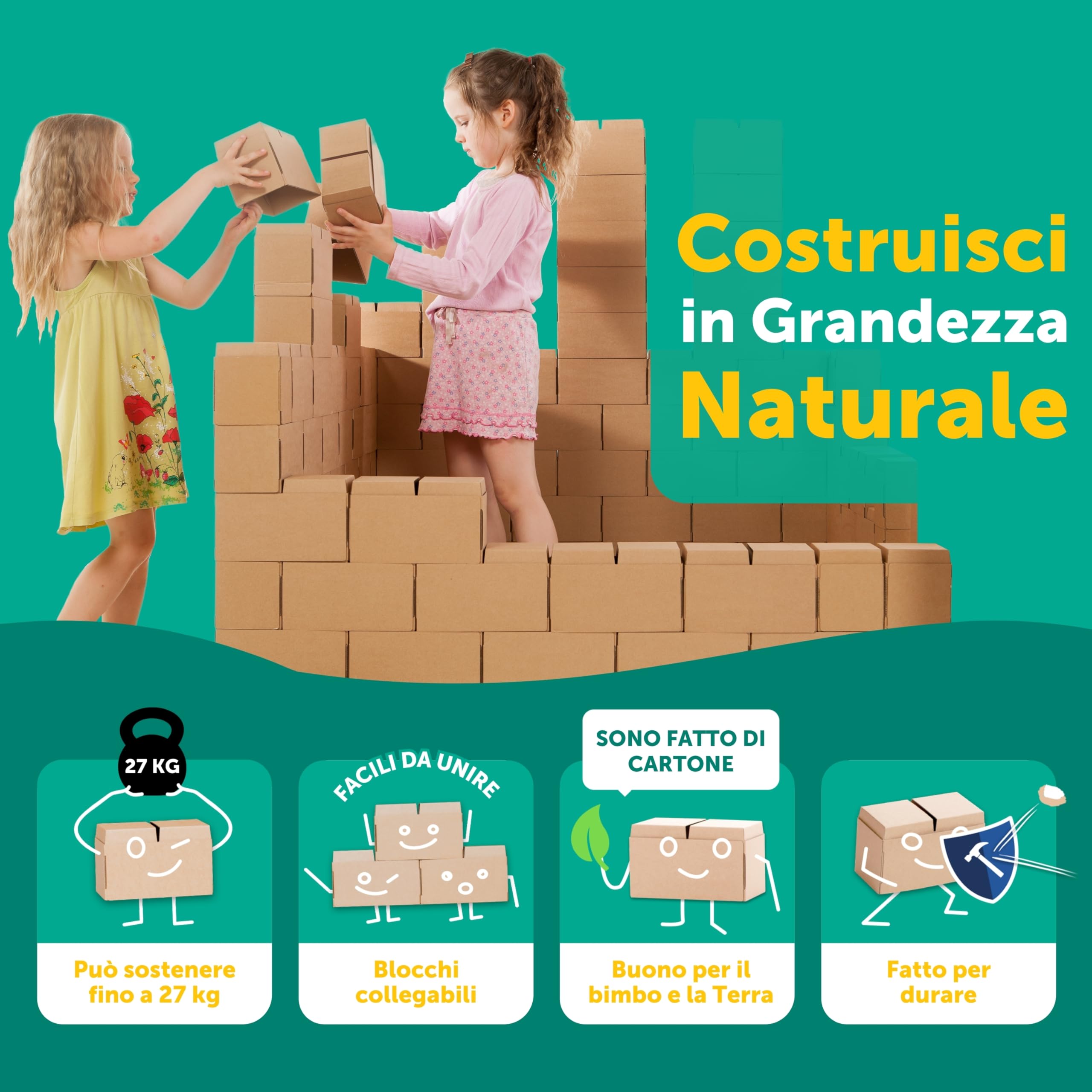 GIGI Bloks 100 Mattoncini Costruzioni Grandi per Bambini XXL Impilabili & Incastro | Cartone Blocchi Costruzioni per Bambini Robusti e Facili da Montare | Grandi Giochi Montessori Creativi & Educativi