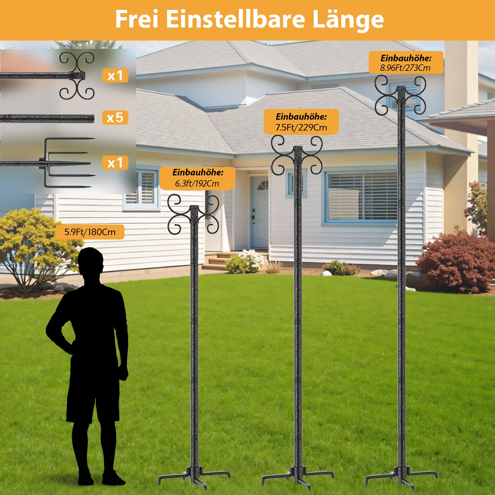 StarryEver Schäferhaken Garten Stangen mit 4-Haken, 2 Stück 3m Höhenverstellbar Heavy Duty Metall Gartenstecker mit Hammerfinish-Oberfläche,Laternenhalter für Laternen Solarleuchten Lichterkette