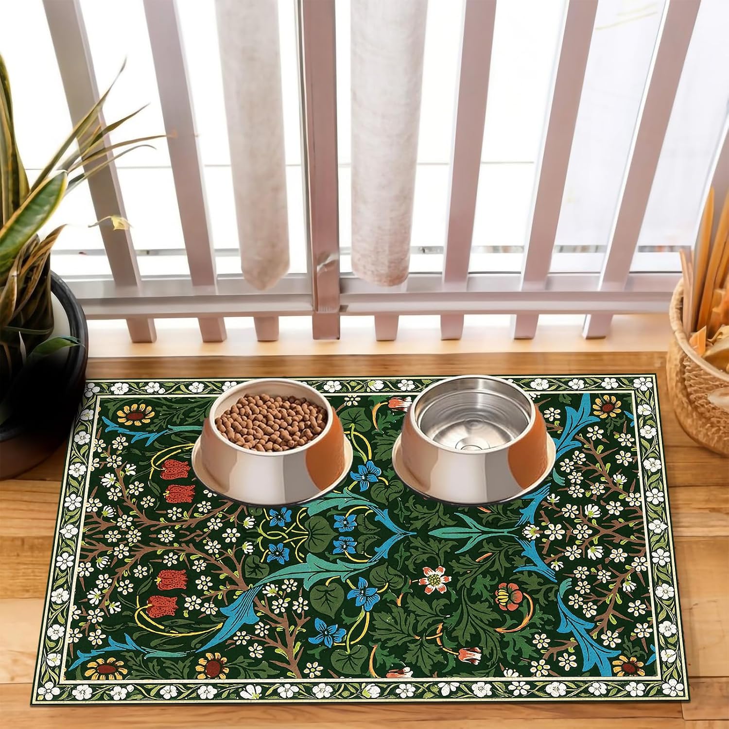 Pet Dog Cat Food Mat, Absorbent Dog Bowl Mat for Food and Water, Quick Dry Placemats Feeding Mats with Non Slip Rubber for Floors Indoor Puppy Pet Accessories Supplies 17 * 30 inch, Dark Flowers