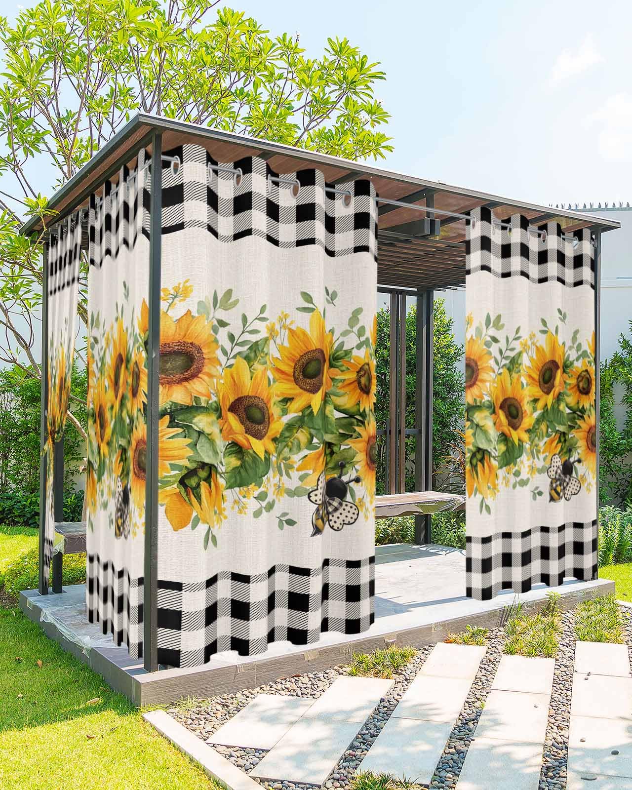 Waterproof Outdoor Curtains for Patio Porch, Buffalo Plaid Summer Sunflower Grommet Curtain Panel Windproof Outside Curtains Tieback, Pastoral Wild Flower Bee Weighted Window Treatment Drapes