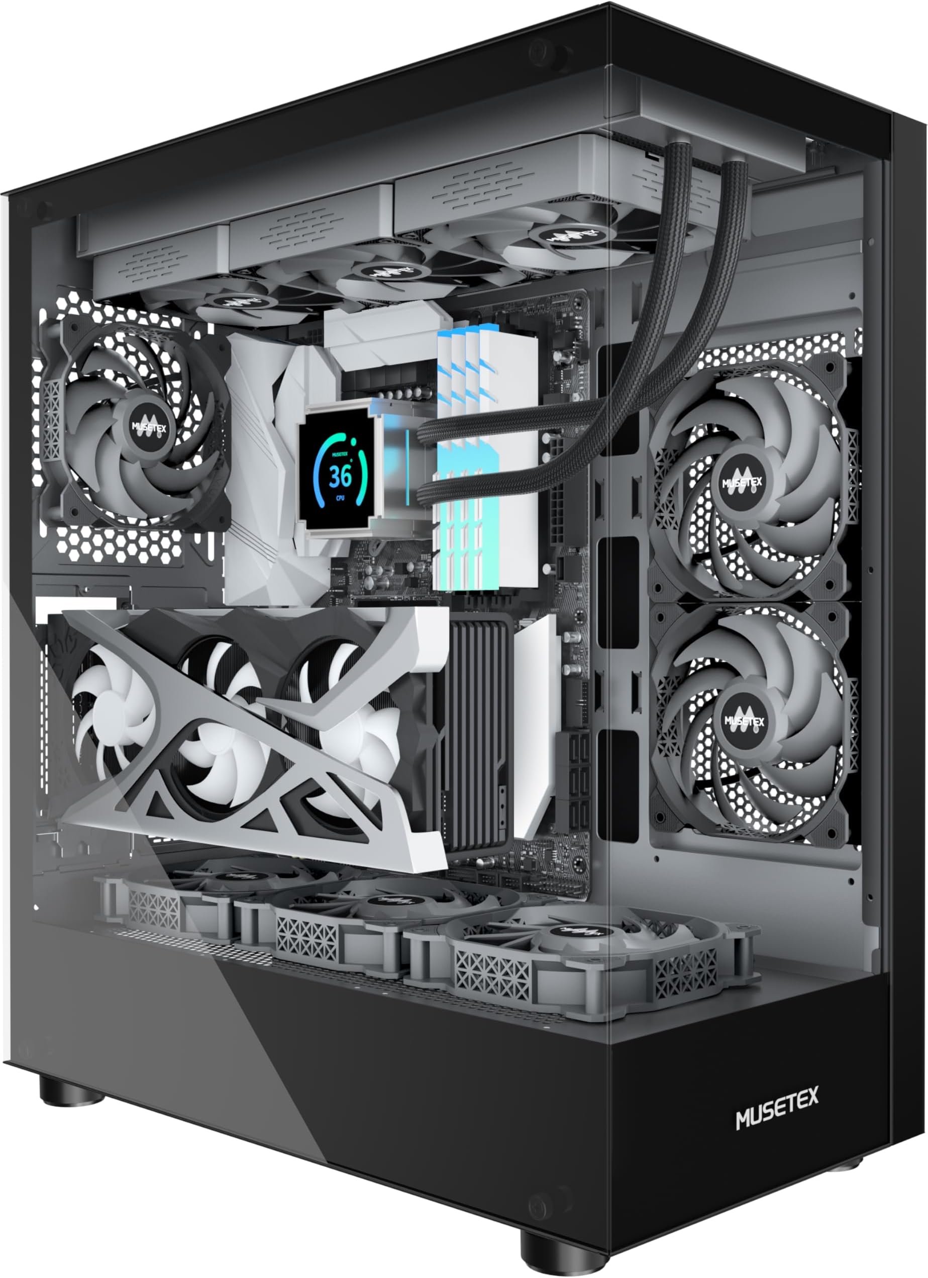 MUSETEX K2 PC Case, Computer Case 360MM RAD Support, Type-C Black ATX Case fo...