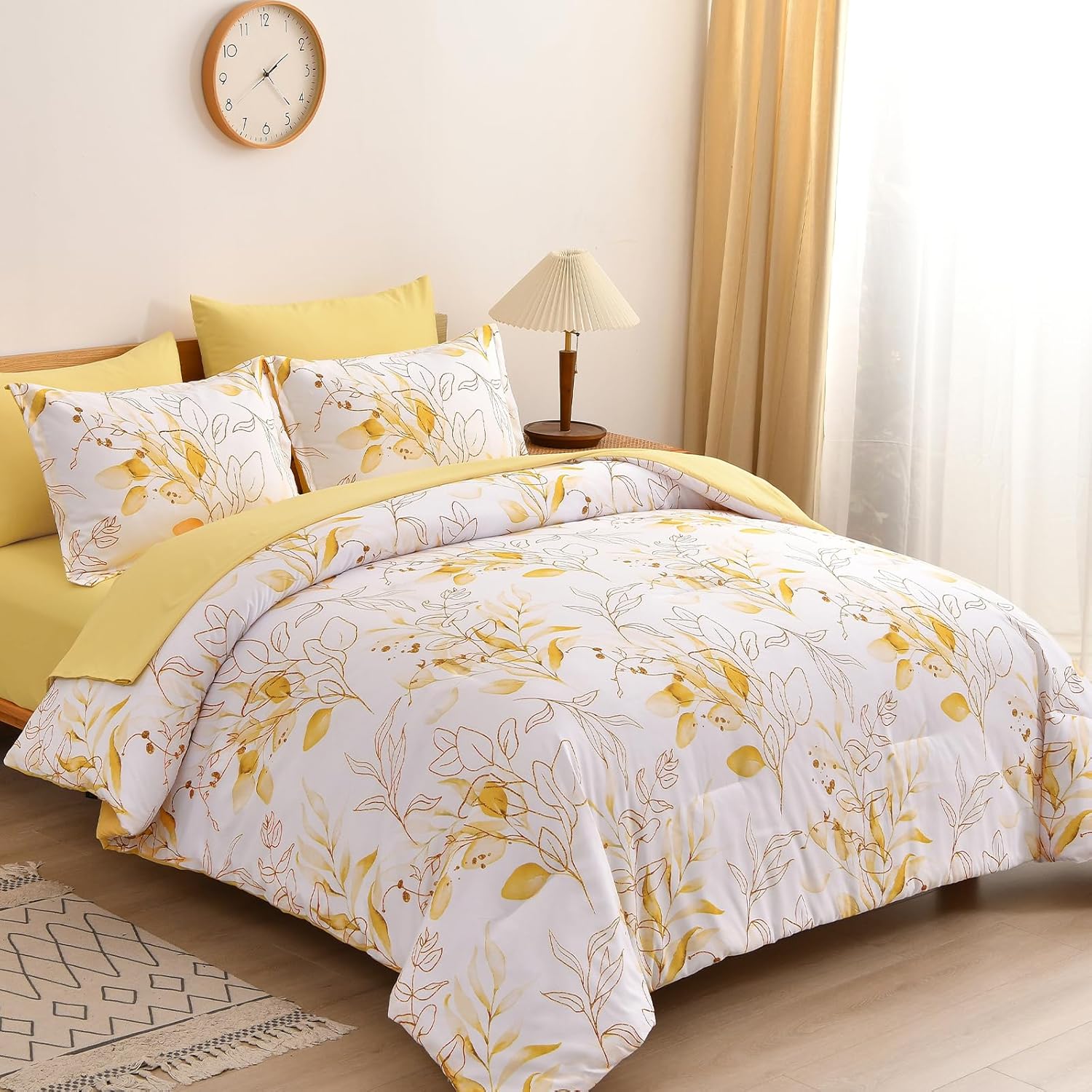 WONGS BEDDING Yellow Botanical Comforter Set Queen, 7 Pieces Floral Bed in a Bag Gloden Leaves Bedding Set Soft Microfiber Queen(1 Comforter,2 Pillowcase,2 Pillow Shams,1 Flat Sheet,1 Fitted Sheet) - Image 2