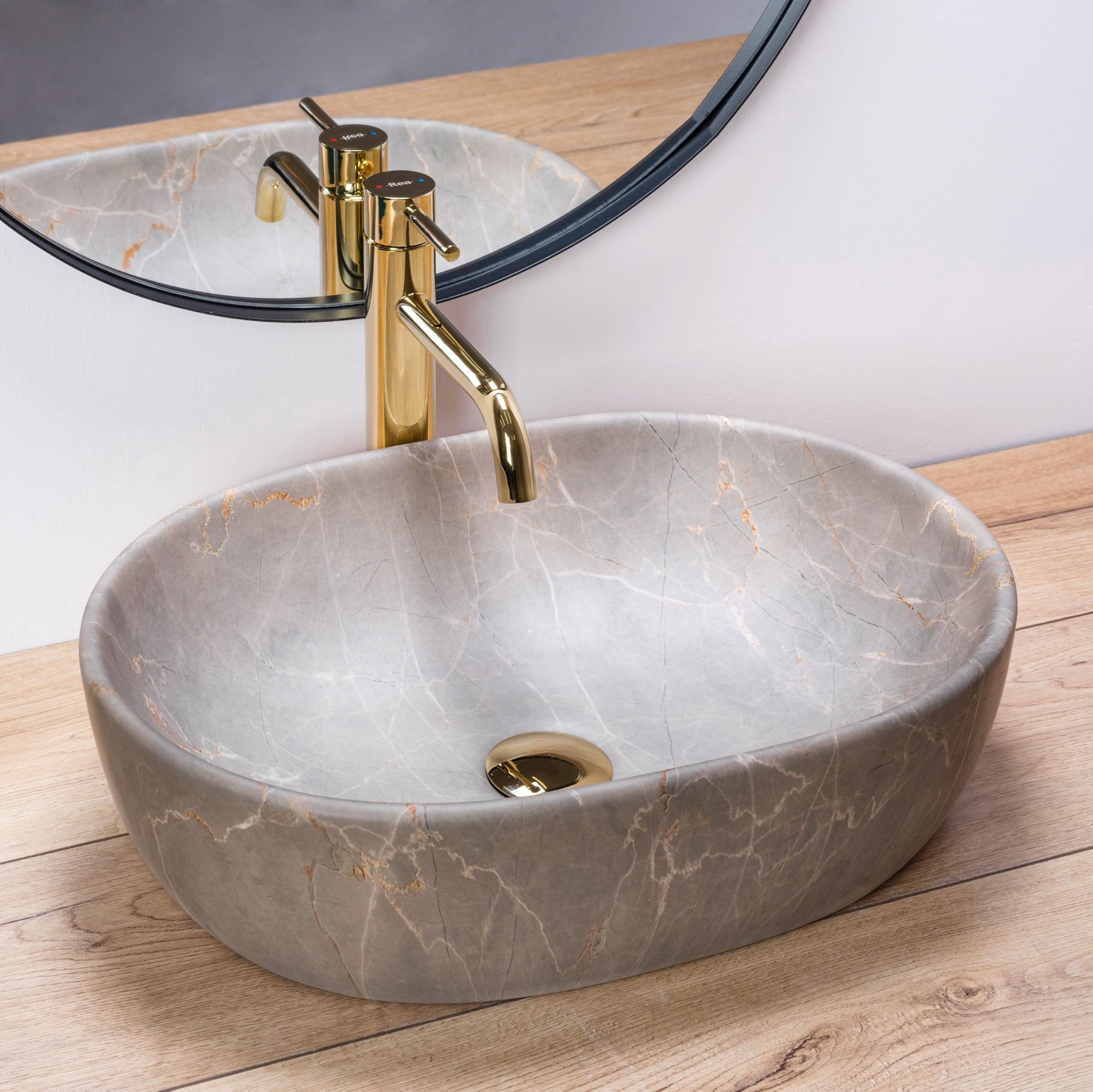 Rea - Lavabo Da Appoggio Lara Beige Lavabo Bagno 485 X 350 X 135 mm In Ceramica (Marrone, Imitazione Marmo)