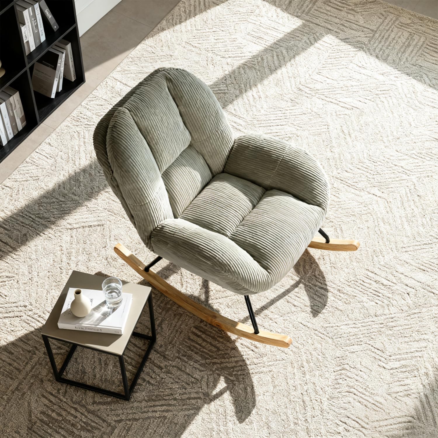 Meuble Cosy Poltrona a dondolo scandinava, in velluto a coste, sedia a dondolo per allattamento, gambe in legno di Hevea per soggiorno, camera da letto, grigio