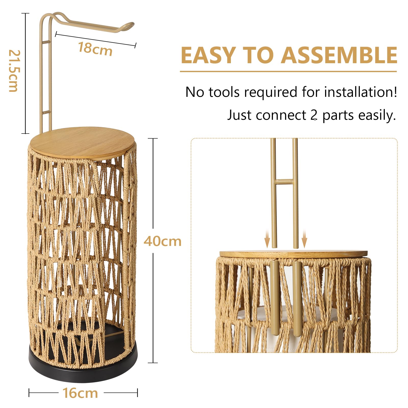 Distributeur de Papier Toilette Autonome Rangement avec étagère, Distributeur de Papier Toilette de Salle de Bain Debout, Rangement de Papier Toilette en rotin Boho pour 4 Rouleaux de Papier Toilette