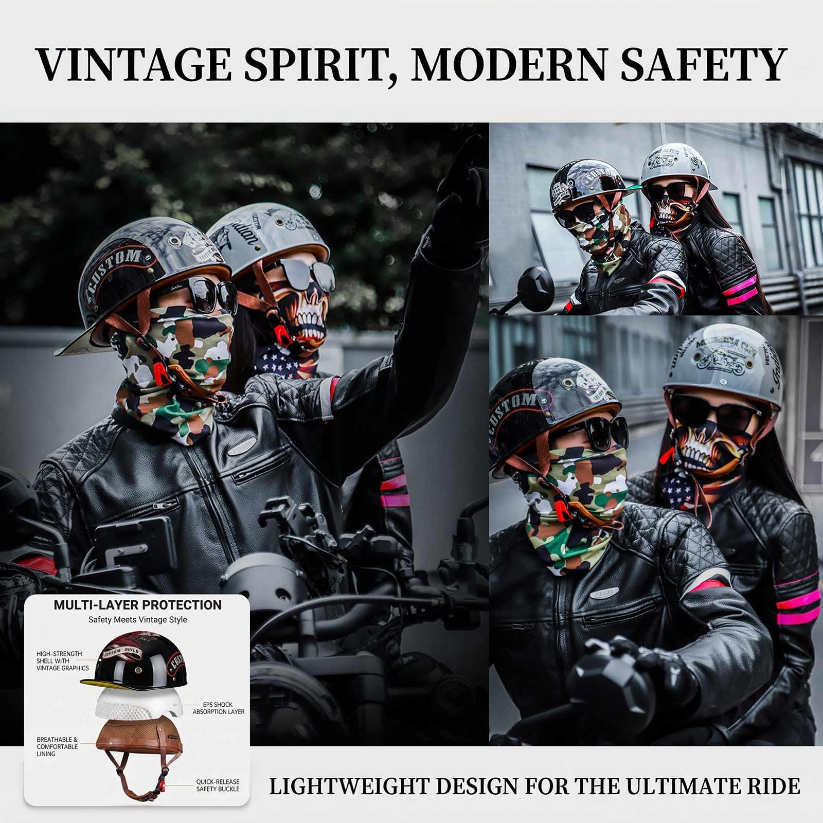 Retro kask motocyklowy styl czapki z daszkiem, ECE 22.06 zatwierdzony, lekka powłoka ABS z wentylacją, oddychająca podszewka, unisex na drogę miejską i wiejską, M-2XL (57-64 cm)