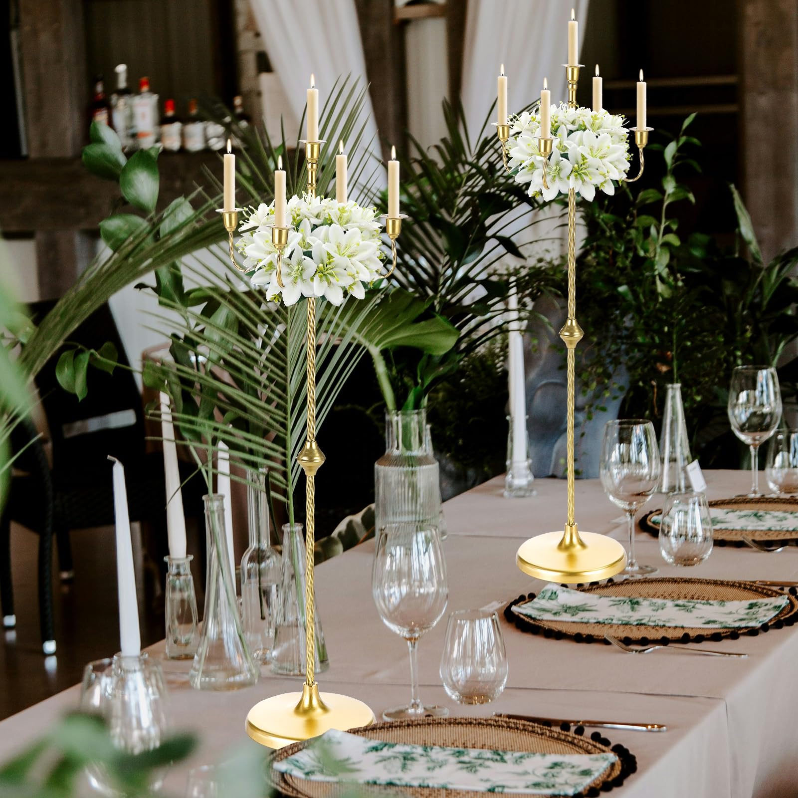 Candelabro de suelo de 42.75 pulgadas, 2 portavelas dorados de 5 brazos, centro de mesa alto para velas cónicas, candelabros de pie de metal para boda, fiesta de cumpleaños, decoración del