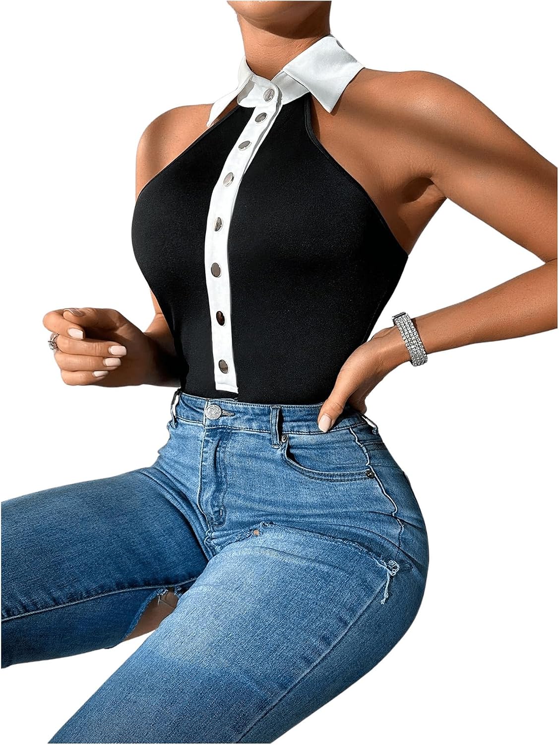SweatyRocks Women's Lapel Button Down Shirt Sleeveless Body Suits Halter Backless Tank Bodysuit