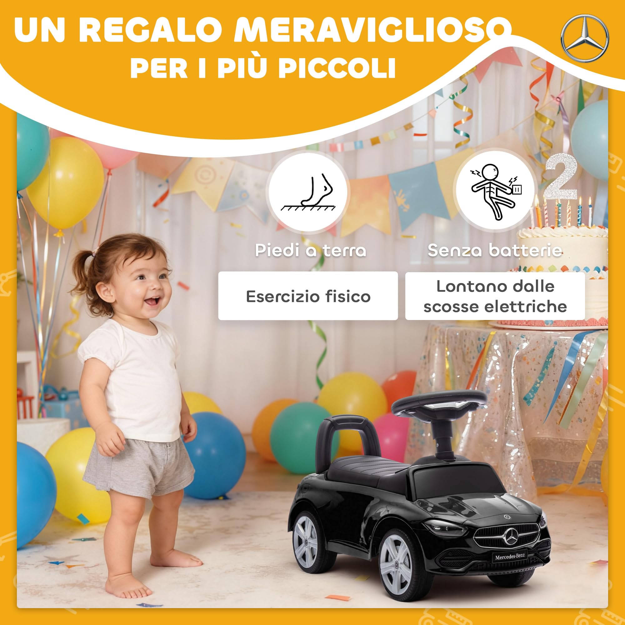 AIYAPLAY Macchina Primi Passi per Bambini Licenza Mercedes Benz con Clacson e Spazio Portaoggetti, Auto per Bambini in PP e Acciaio, 65x28x39 cm, Nero