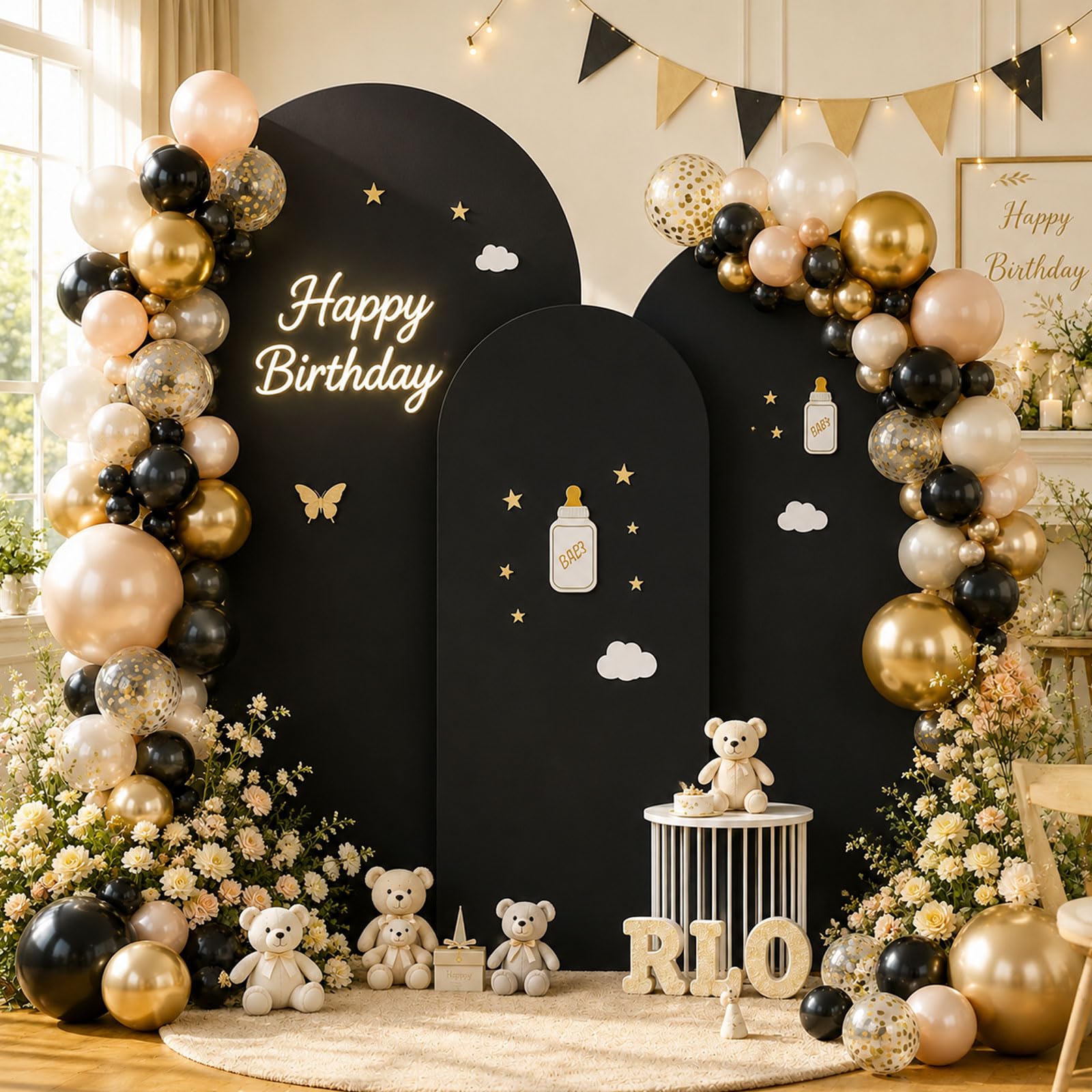 Arc de fond - Toile de fond double face avec dessus rond, fond photo pour mariage, anniversaire, cérémonie, fête et banquet (noir, lot de 3)