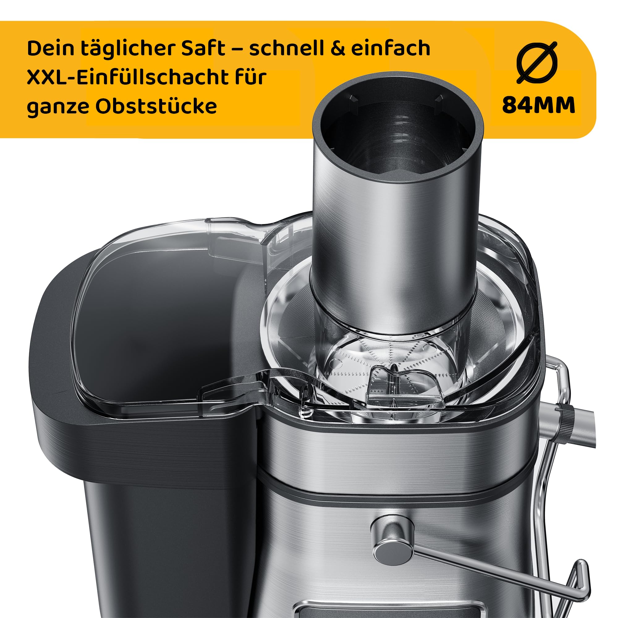 Super Juicer - Linea Tegno - Professioneller Edelstahl Entsafter - Entsafter für Obst und Gemüse - 1500W - Extra große Einfüllöffnung - 2,5L Fruchtfleischbehälter - 1L Saftbecher, LED-Farbdisplay