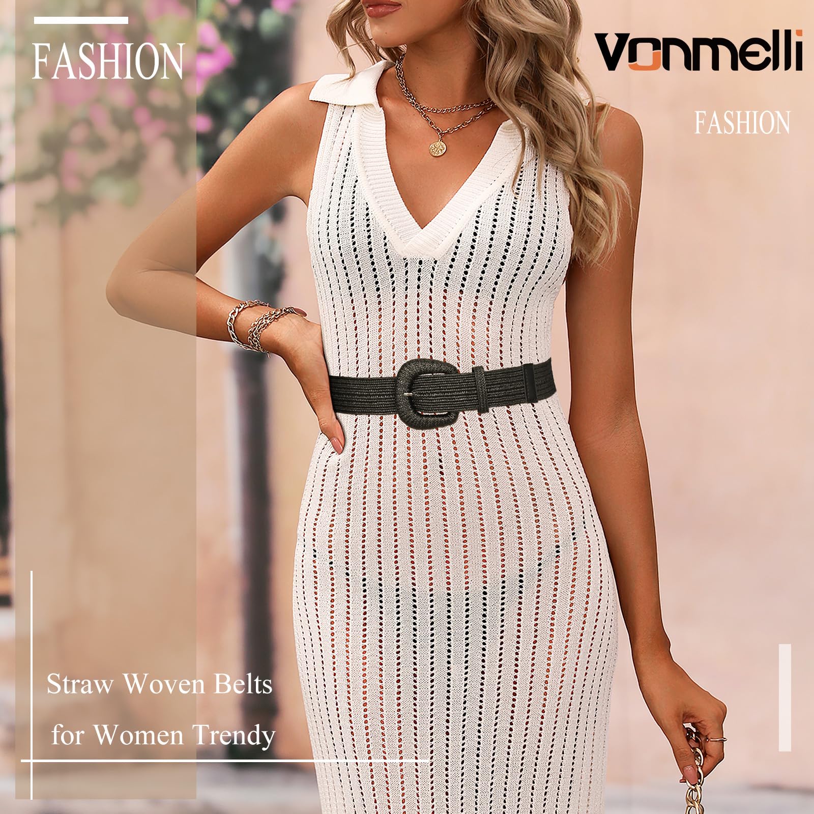 VONMELLI Cinturón elástico de paja trenzada para mujer correas elásticas para vestido de moda cinturón de cintura Boho Correas de mujer de rafia de ratán