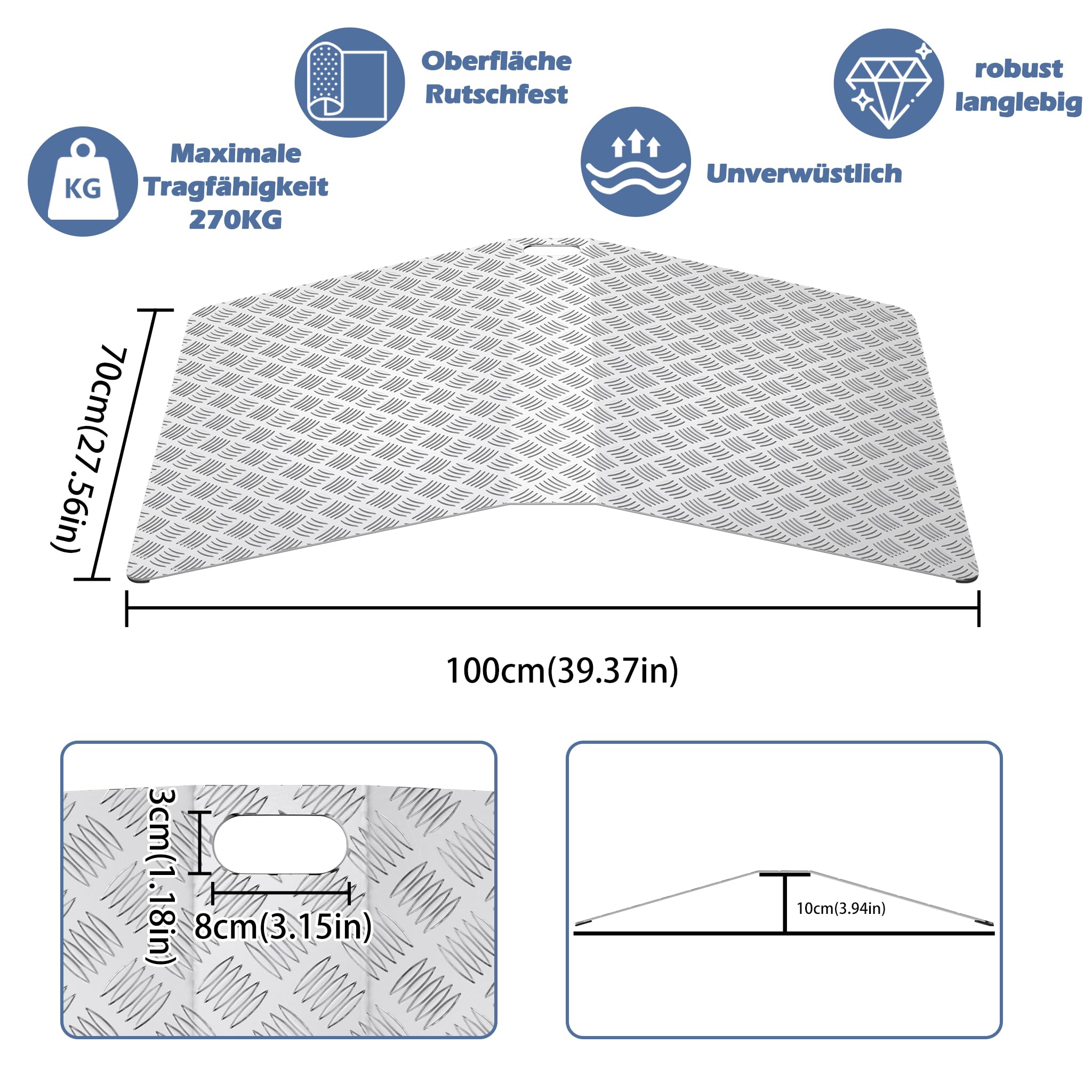 Aufun Rampa para silla de ruedas de 70 cm x 100 cm, superficie antideslizante, de aluminio, con capacidad de carga de 270 kg, 10 cm de alto para silla de ruedas y carrito de mano