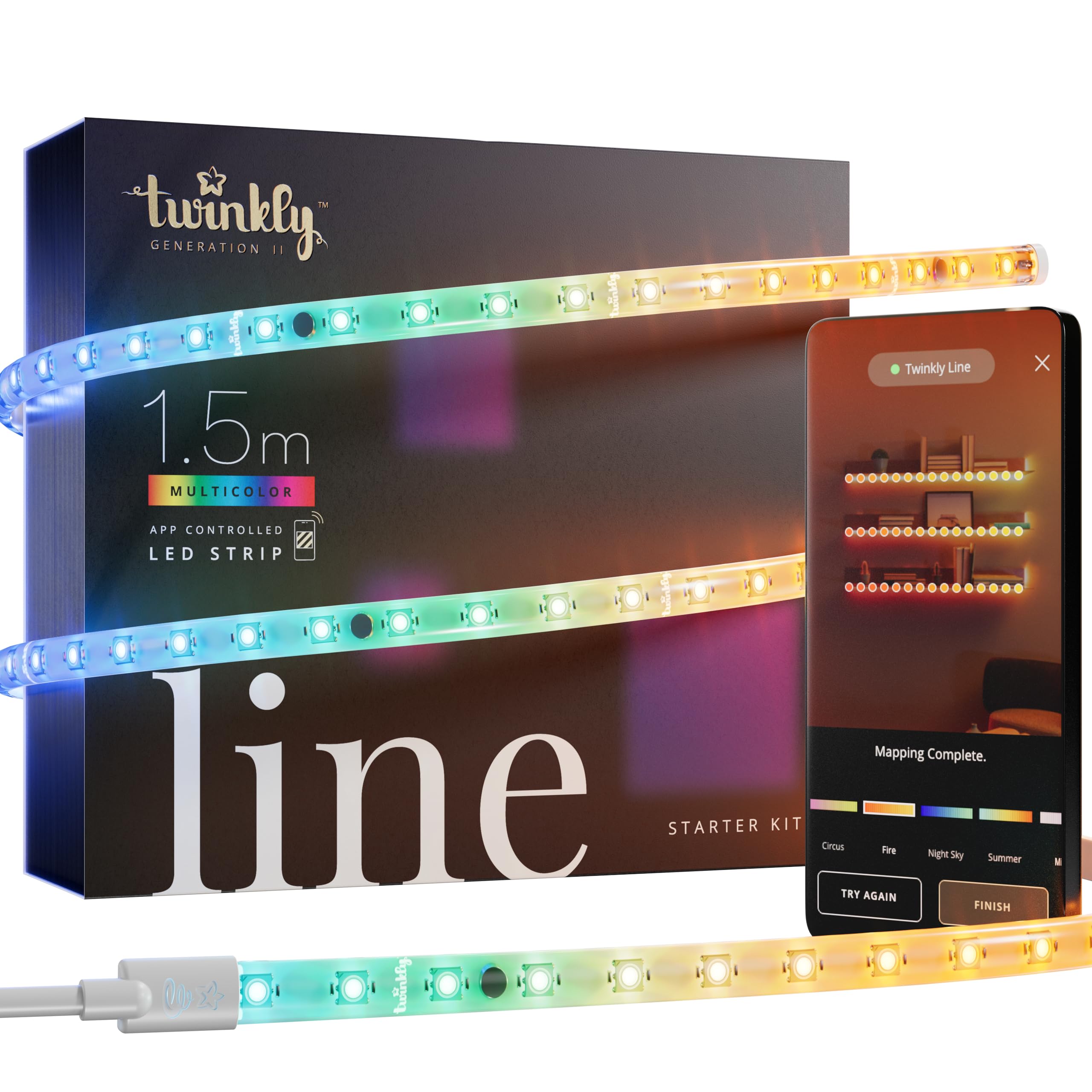 Twinkly Line Starter Kit 1.5m, Striscia LED Multicolore, Kit con Controller Intelligente, Compatibile con Alexa e Google Home, Luci Gaming, 16M+ di Colori, Controllato da App, Filo Bianco