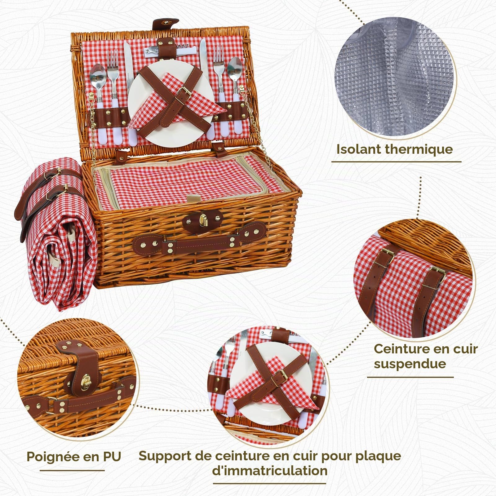 Panier de pique-nique pour 2 personnes, avec compartiment isotherme et couverture de pique-nique imperméable, sangle amovible, sac à vin, couverts, pour le camping, la plage, la randonnée, le