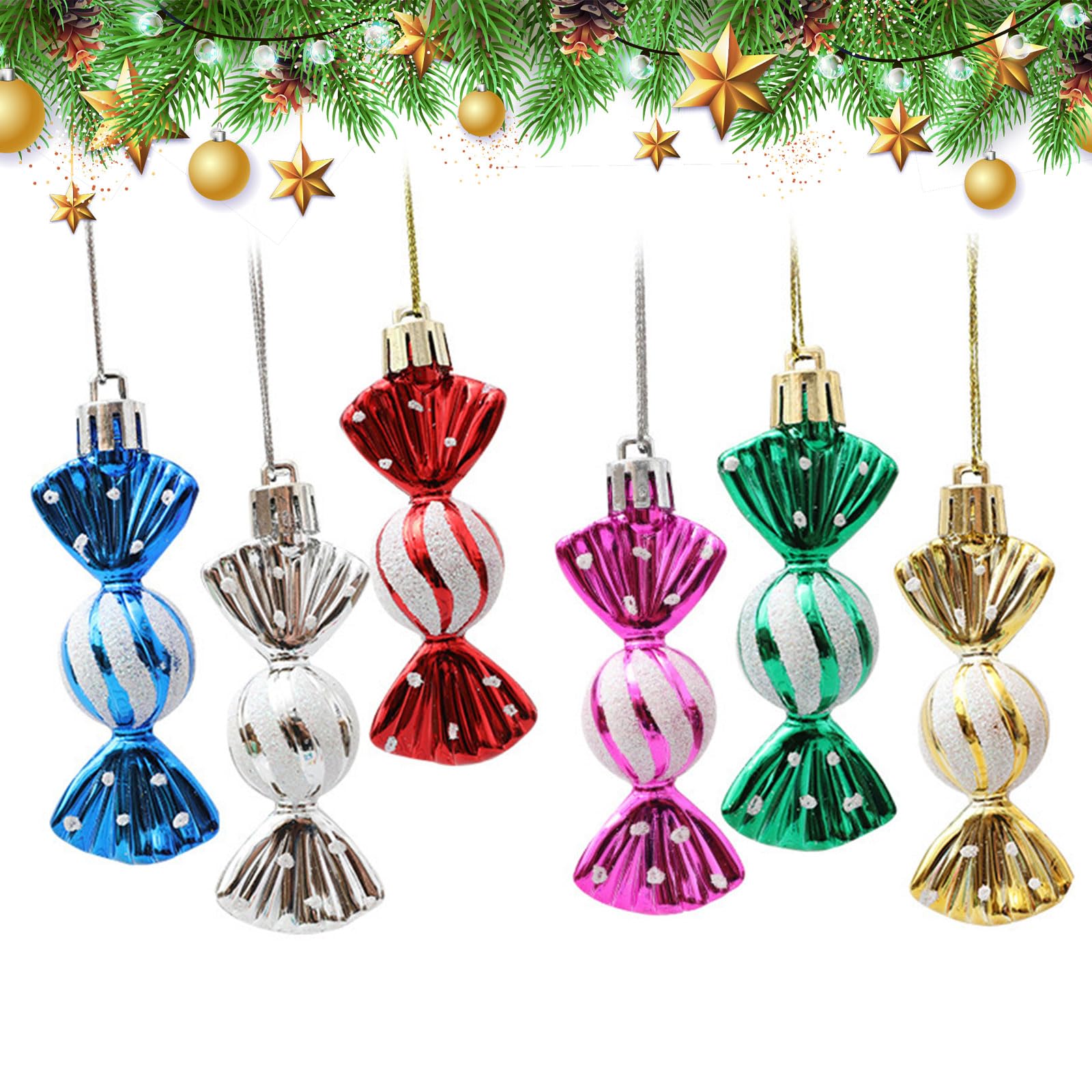 Vordpe Pack of 6 Christmas Tree Candy Pendants, Christmas Decoration Baubles Canes, Plastic Painted Bauble Pendant Prop (Colour)