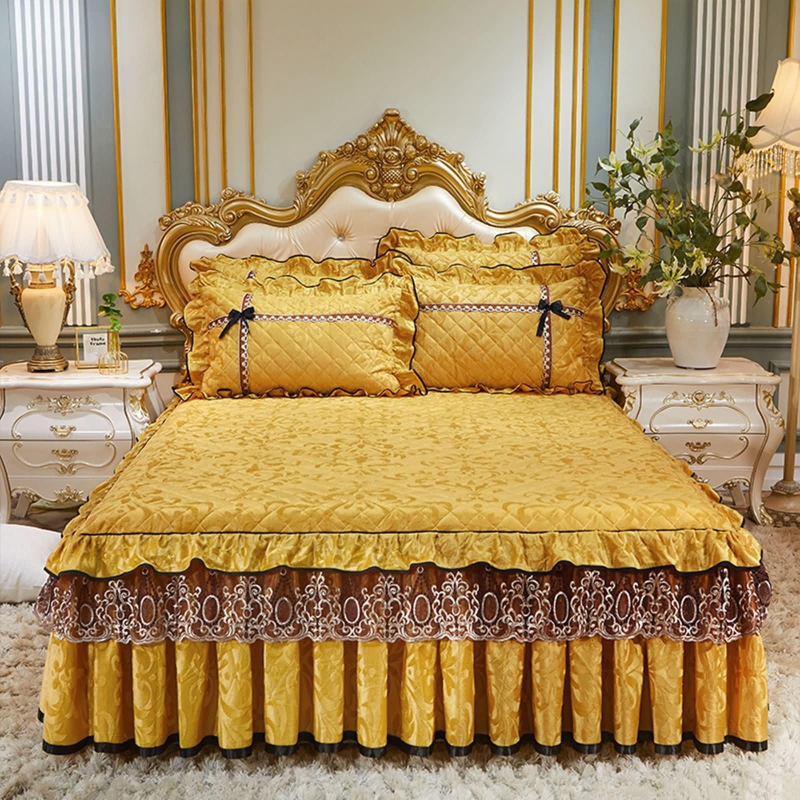 Bajera Elastica,150 x 200 CM,Colcha para Cama Matrimonio Terciopelo Patrón de Hoja con Encaje Bordado Sabanas Cama Bajeras Ajustables Amarillo