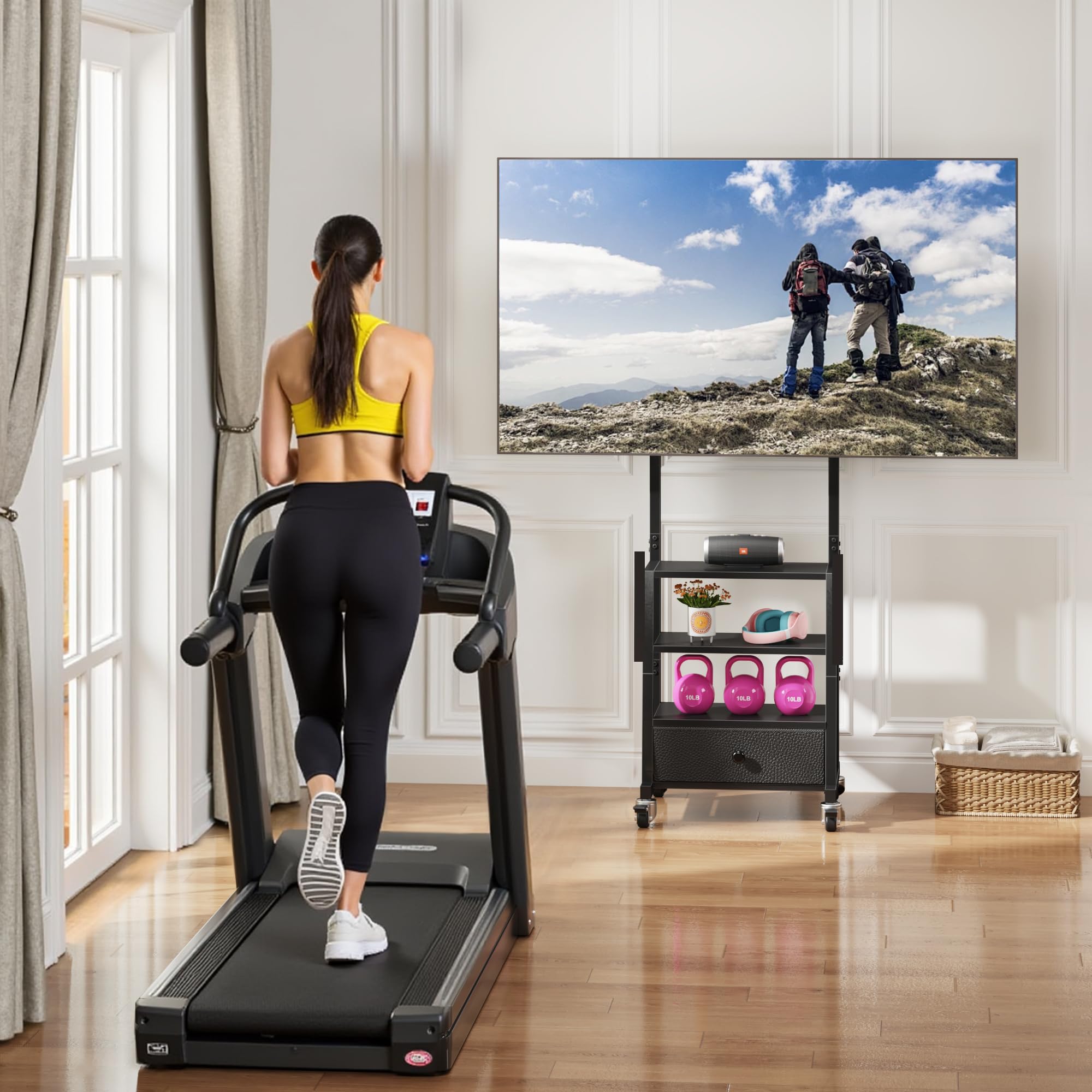 Support TV sur Pieds Support TV roulettes 32-60" VESA 400x400, Noir | Tiroir Tissu, Rangement Étagère, Hauteur Réglable, Charge 40kg, Facile à Assembler, Salon/Chambre/Bureau