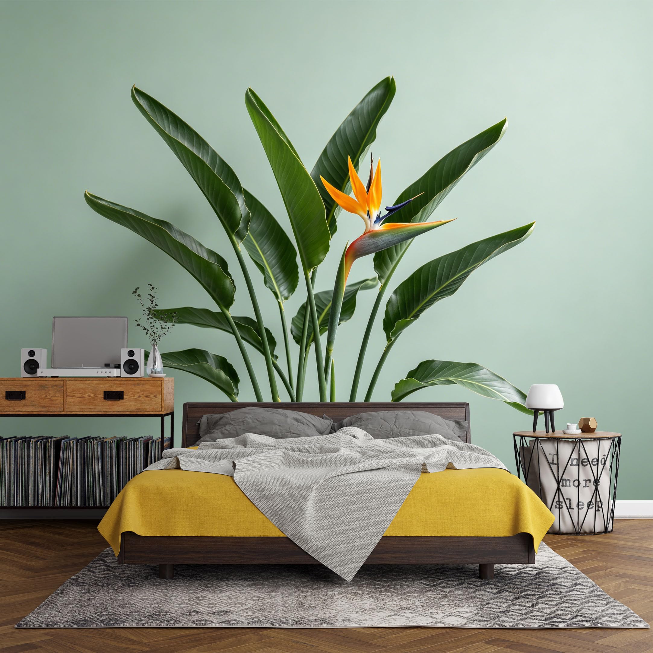 Custom Size Wall Mural， Botanical Bird of Paradise Tropical Green Leaves Minimalist， SelfAdhesive Art Prints wall Fabric (No PVC) Removable Wallpaper Living Room Decor