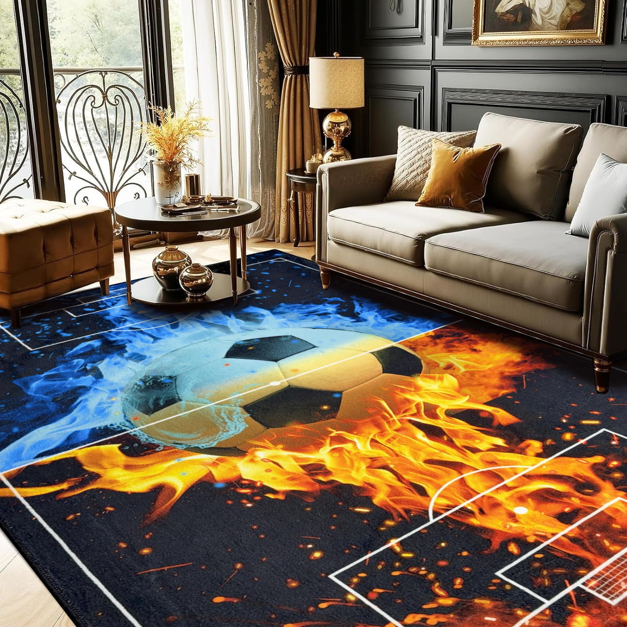 Soccer Area Rug 6x9ft, Machine Washable, Non-Slip Bottom, Foldable & Easy to Store, Easy-Care Sports Carpet for Living Room Bedroom Kids Room
