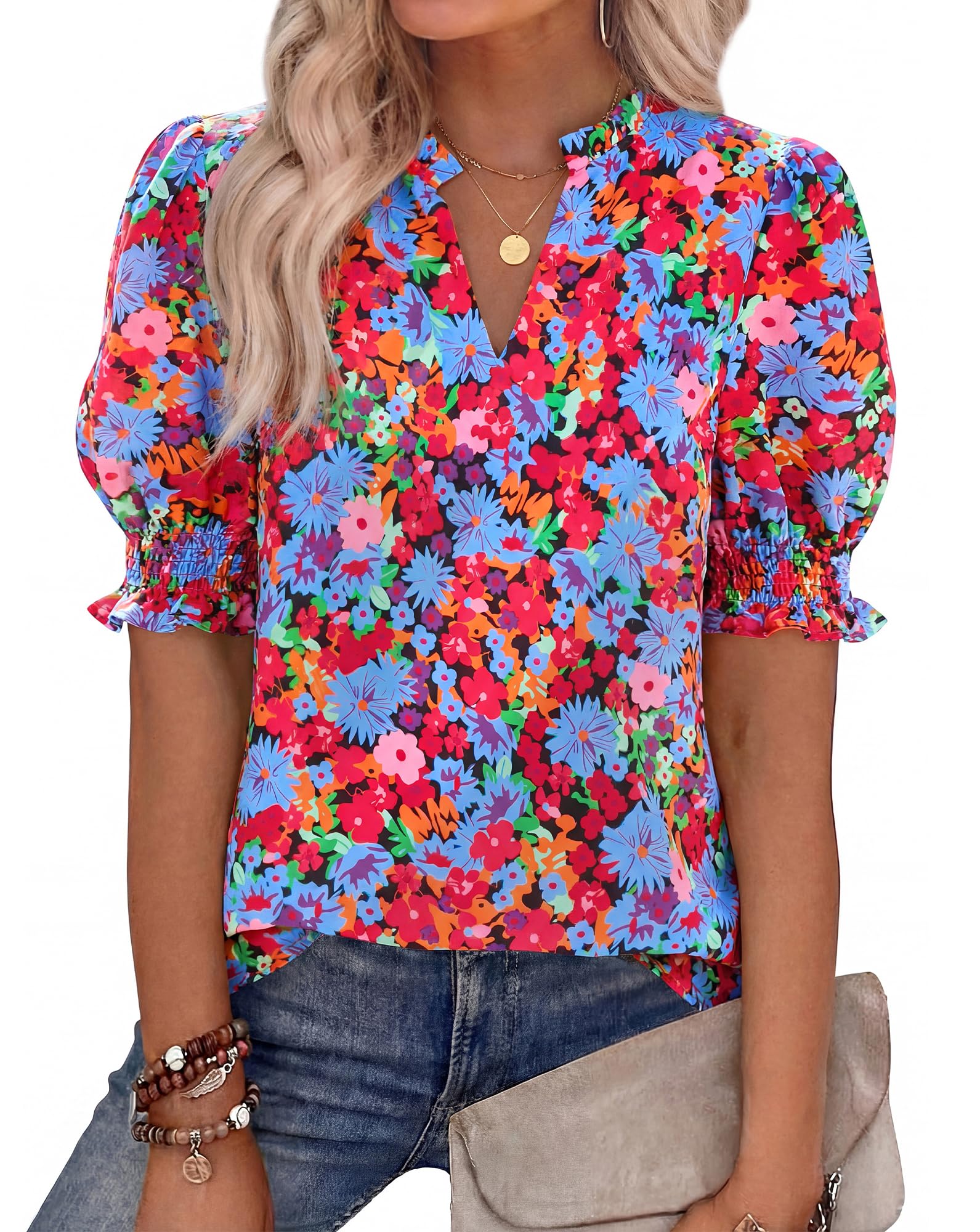 BTFBM Summer Blouses for Women Dressy Casual 2026 Fashion Spring Tops Floral Boho V Neck Puff Short Sleeve Top Shirts