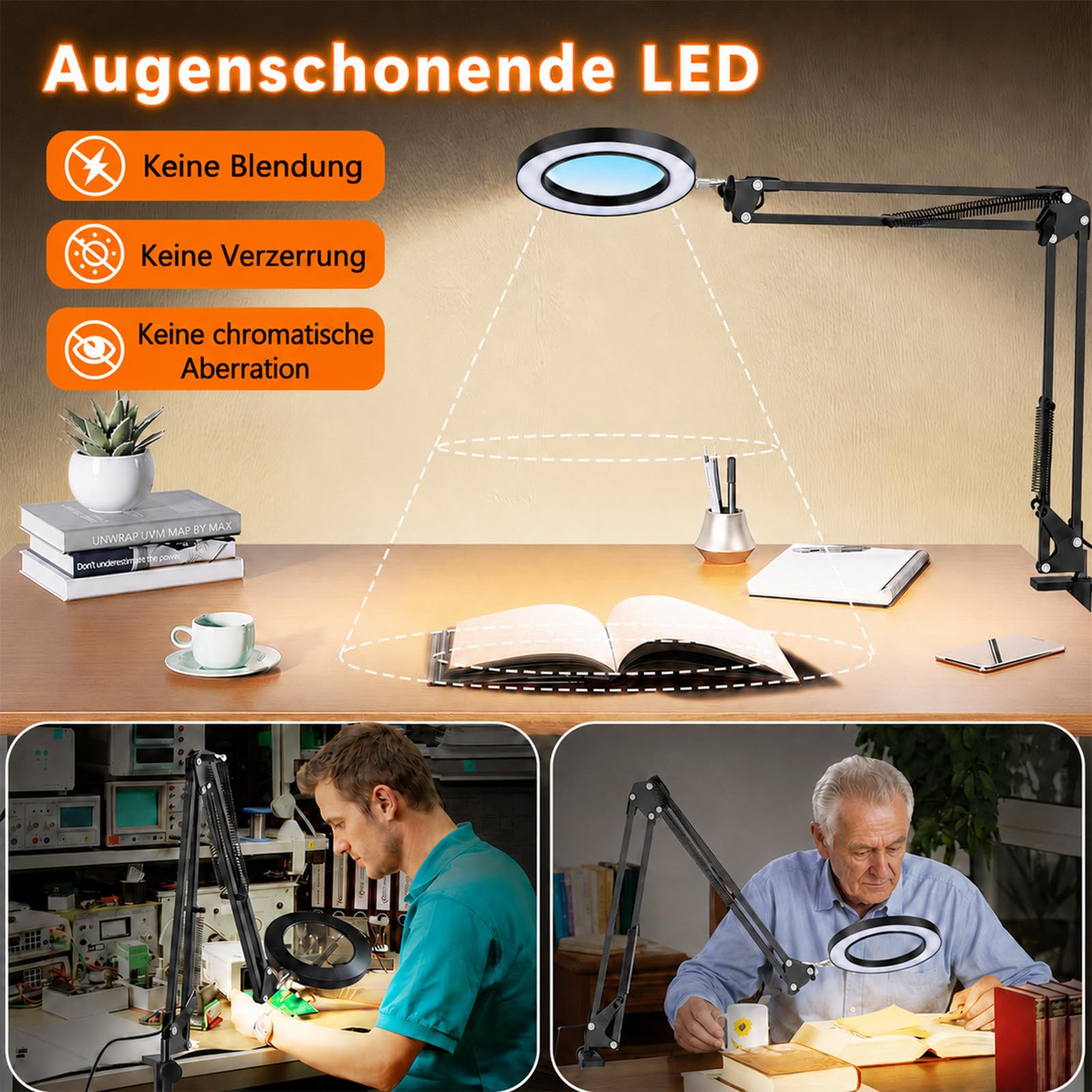 15X Lupenlampe mit Klemme – LED Schreibtischlampe mit 72 LEDs, 3 Lichtmodi & 10 Helligkeitsstufen, Echtglaslinse 4,3", Extra Langer Schwenkarm, Lupenleuchte für Basteln, Lesen & Elektronik