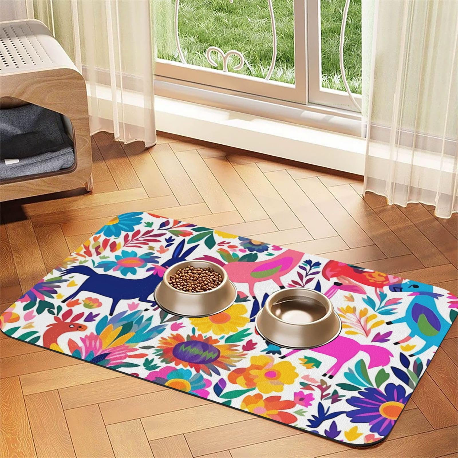 Futtermatte für mexikanische Otomi-Tiere, saugfähiges PU-Leder, für Hunde und Katzen, enthält verschüttete Flüssigkeiten, schützt Böden, rutschfeste Gummi-Unterseite, leicht zu reinigen, 40 x 60 cm