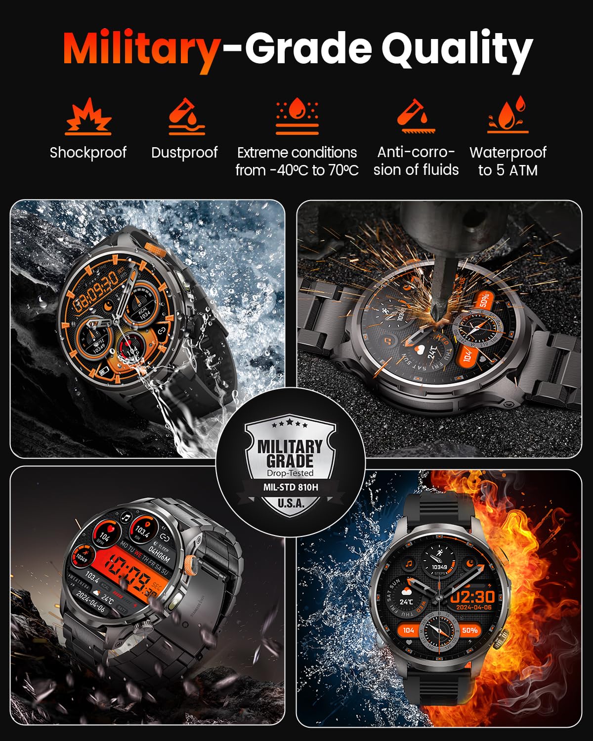 Smartwatch Herren Militär mit 1000mAh und LED Taschenlampen, Schwarz | 1,91" AMOLED Display, 5ATM Wasserdicht, 110+ Sportmodi, Telefonfunktion, 24h Herzfrequenz, Schlaf, SpO2, Android iOS