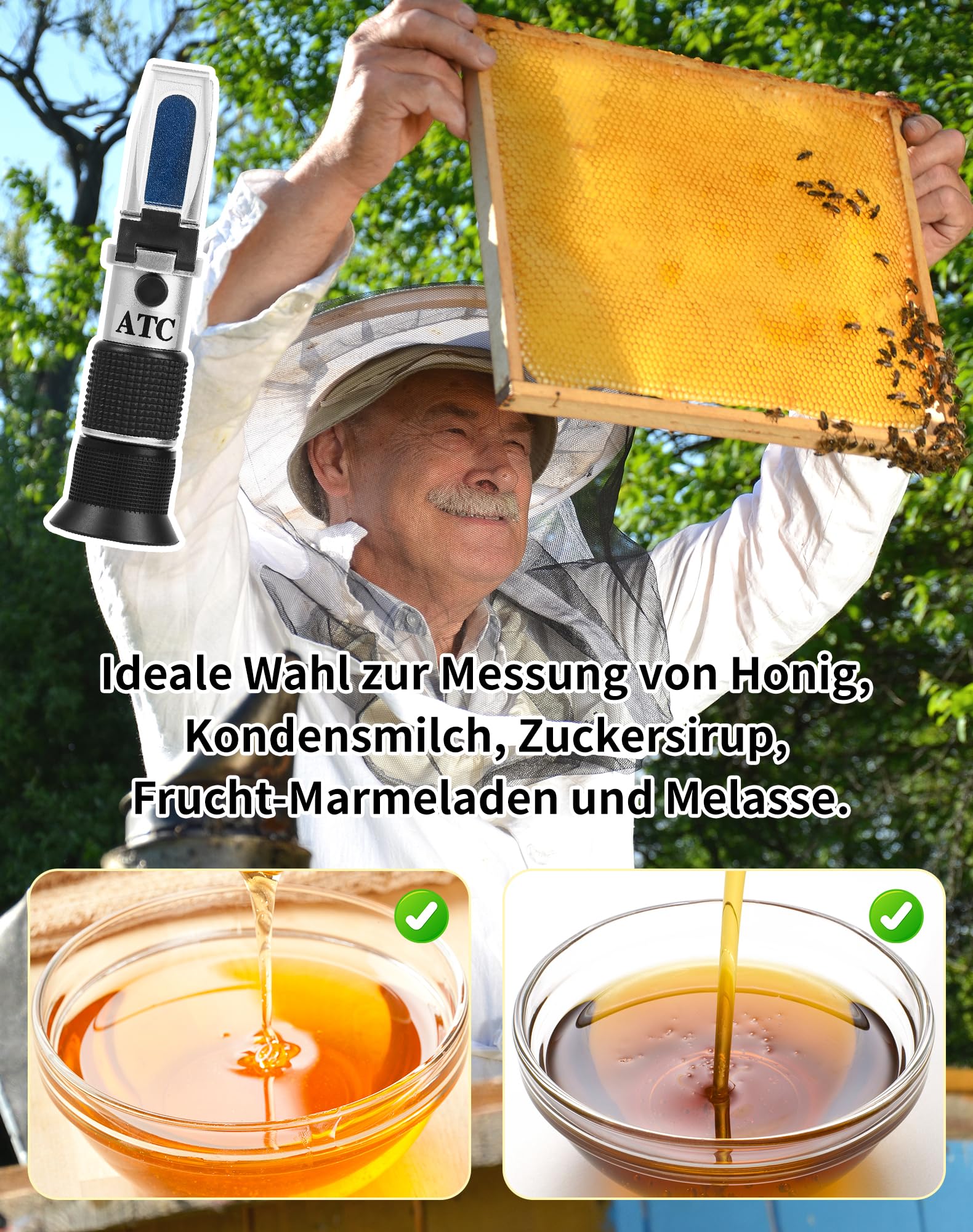 NETONDA Rifrattometro miele 3 in 1 apicoltore rifrattometro 58-92% Brix 12-27% acqua 38-43°Baume Be° Tester miele con ATC Honey Refrattometro manuale per miele sciroppo di zucchero marmellata di
