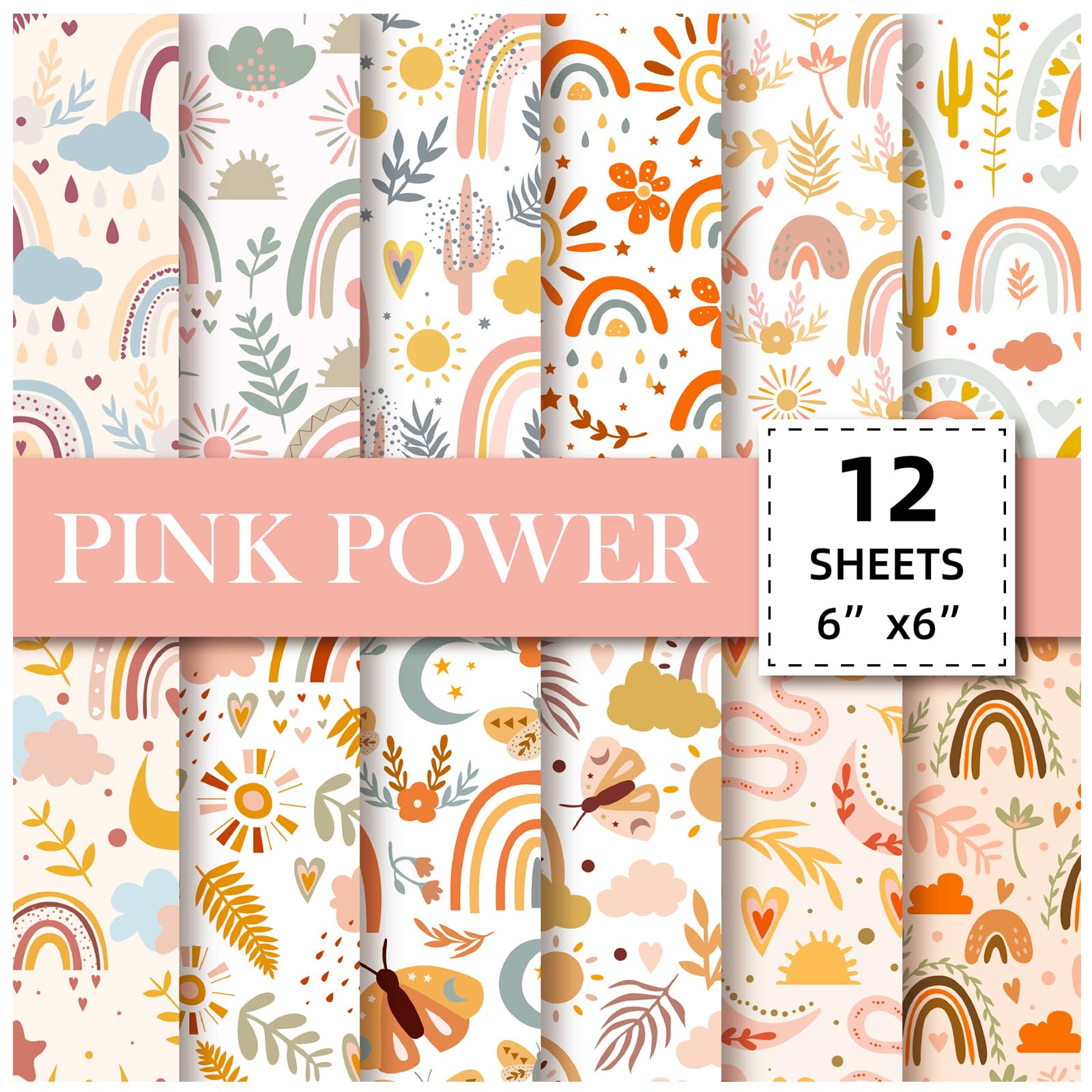 24 Sheets Scrapbook Paper 6x6 Inch, Leaf & Floral Textured Cardstock, DIY Card Making, Photo Albums, Journaling, Acid & Lignin Free Decorative Craft Paper Pad (Rainbow)